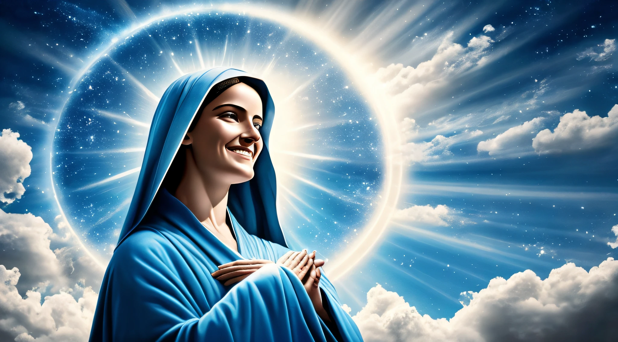 obra-prima, mulher, Blessed Virgin Mary VENTILATING HER BLUE ROBE WITH OPEN ARMS BLESSING the viewer, ((Halo over head)), sorrindo, celestial sky, meio corpo, ((Luz Divina)), Ethereal, nuvens, retroiluminação, imagem realista, symmetrical design, forte, intrincado, altamente detalhado, arte conceitual, fluido, foco nítido, illustration, Against the Gate of Heaven, cinematic lighthing