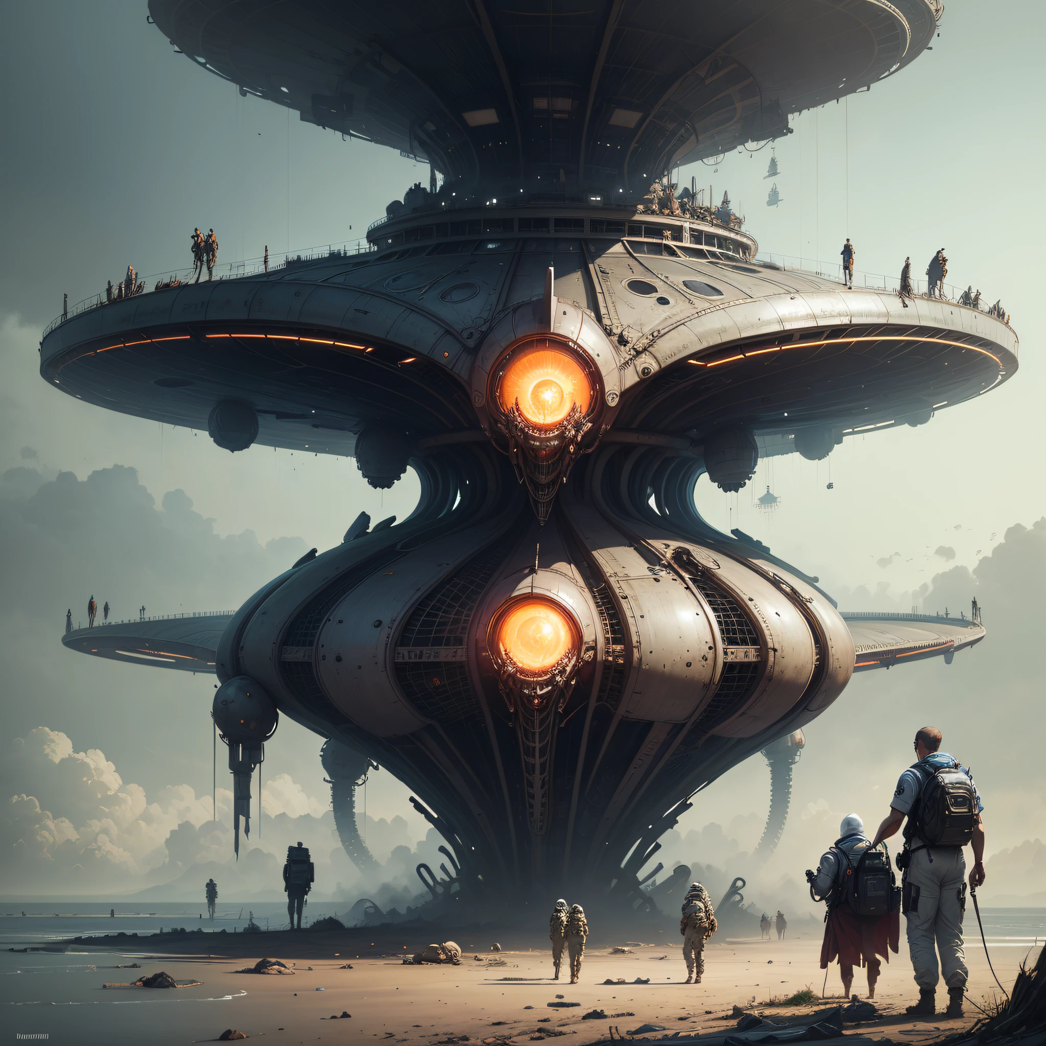 astronauts and pilgrims contemplating an Intricately Detailed MOTHER SHIP OF THE ALIEN INVASION Biomechanical hybrid creature-spaceship MADE OF flesh and blood, Painting By Ismail_Inceoglu Tom Bagshaw Dan Witz CGSociety Fantasy Art 4K. h.r. giger masterpiece --auto