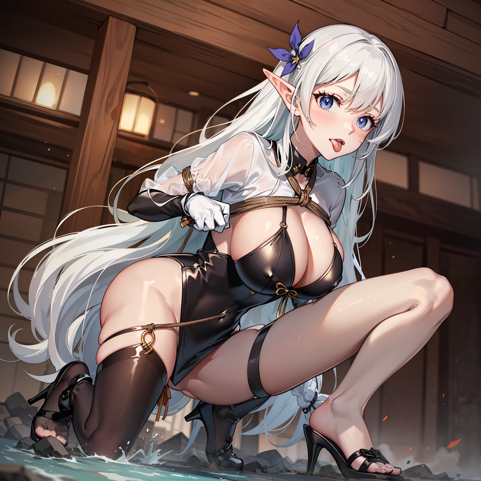 tailed，huge tit，white  shirt，short  skirt，tiese，exposing her chest，，The whole body is tied with ropes，The chest is tied，Pee，hot onsen，hyper HD，Highest high resolution，Squat，，White hair，Stick out her tongue，Wear black stockings，the elf，裸体女 ，Lace，high-heels