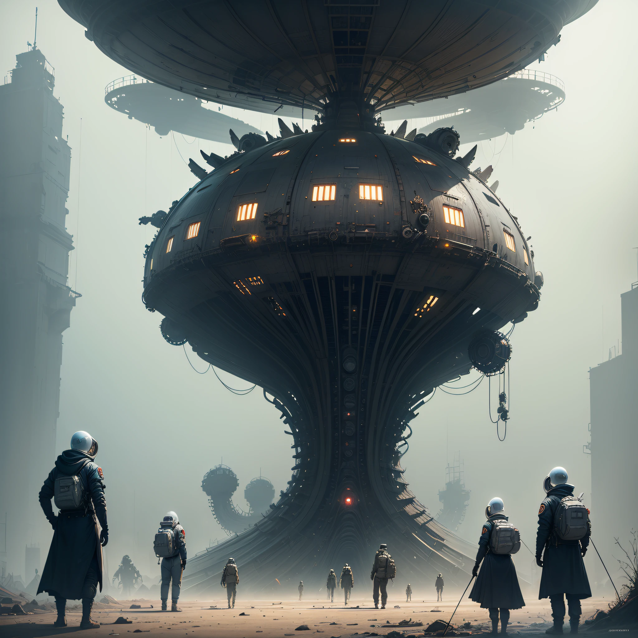 astronauts and pilgrims contemplating an Intricately Detailed MOTHER SHIP OF THE ALIEN INVASION Biomechanical hybrid creature-spaceship MADE OF flesh and blood, Painting By Ismail_Inceoglu Tom Bagshaw Dan Witz CGSociety Fantasy Art 4K. h.r. giger masterpiece --auto