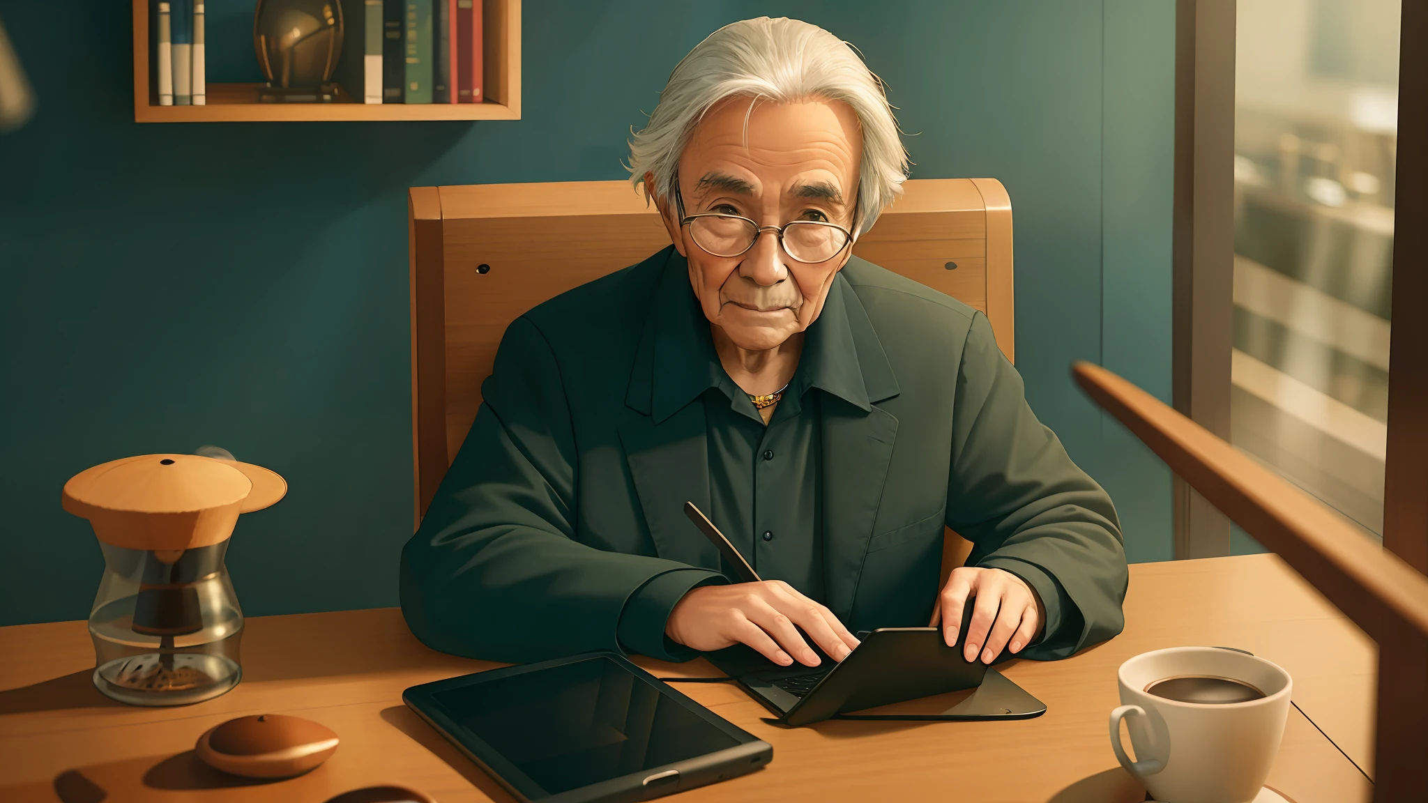 "Very elderly wizard sitting on a chair in front of a table with a laptop, mobile phone, coffee cup, and table fan, with a blurred studio background."