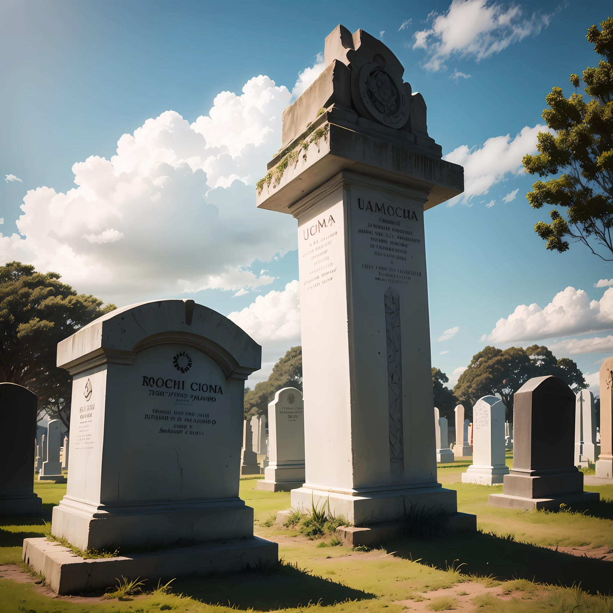 Paisagem, caminho reto em rochas pequenas, arbustos no inicio do caminho, After the bushes to the horizon a cemetery with many unnamed white tombstones, uma casinha de madeira sinistra ao fundo. Imagem clara, very sharp, com um espelho negro ao fundo. Imagem 4k, sharper, dia nublado, sem sol, with many clouds in the sky, clear sky. Espelho negro no final do caminho. Casa de madeira amedrontadora ao lado do espelho --auto