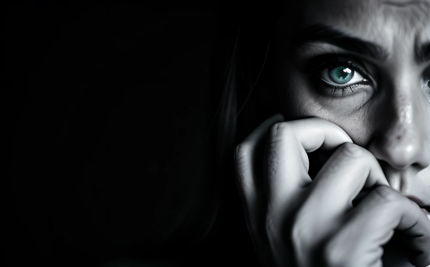 Woman with hand on face, olhar assustado, medo e raiva em seus olhos, apavorado 👿, apavorado, violence in your eyes, medo em olhos vazios, foto em alta, hand over mouth, emocionante, scared emotion, perturbador, foto do instagram, discreto, olhos ansiosos, creating an ominous presence, olhar triste