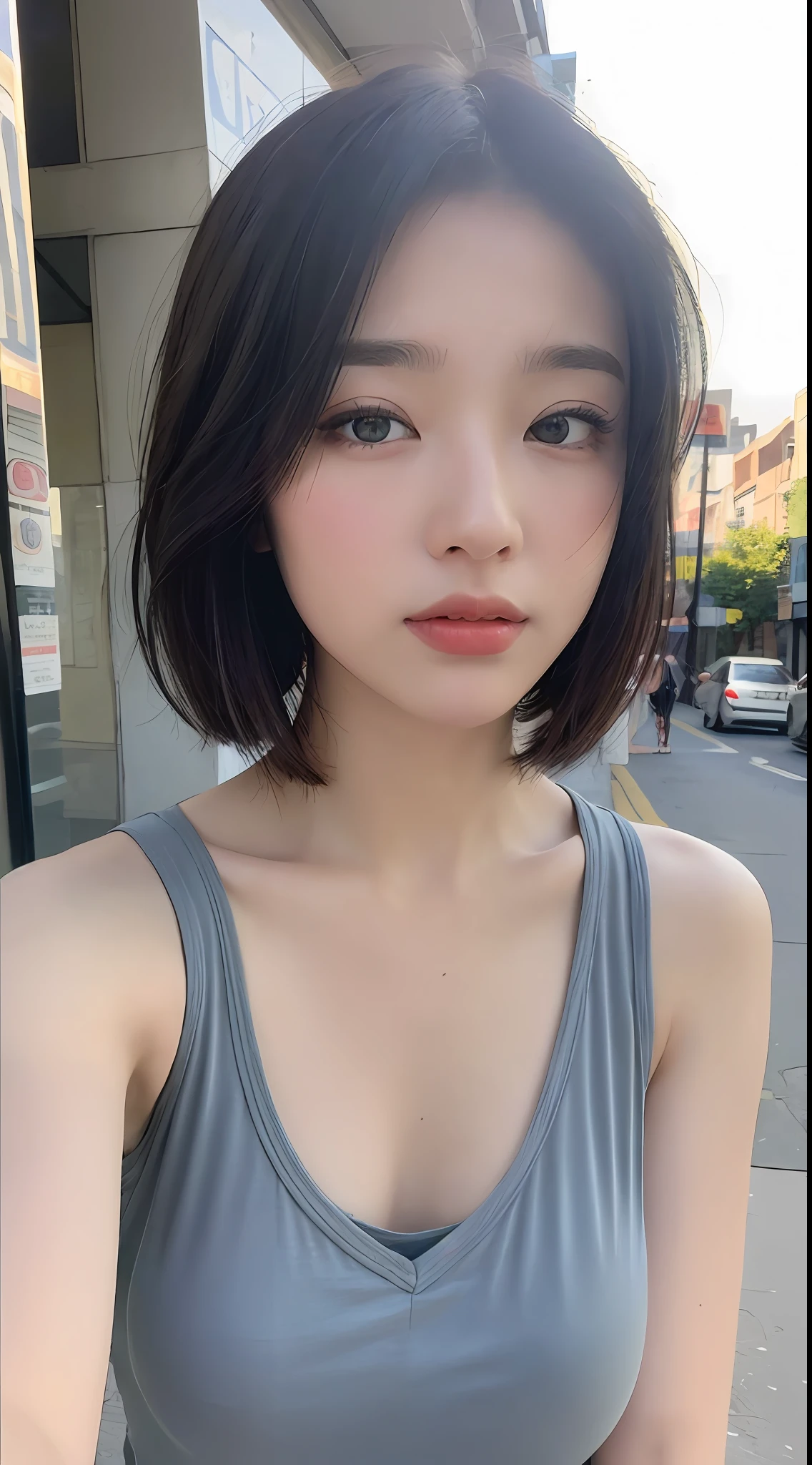 ((Best quality, 8K, Masterpiece :1.3)), Sharp focus :1.2, perfect figure beautiful woman:1.4, (Short hair in layers:1.2)), (Tank top shirt:1.1 ), (the street:1.2), Highly detailed facial and skin texture, A detailed eye, 二重まぶた