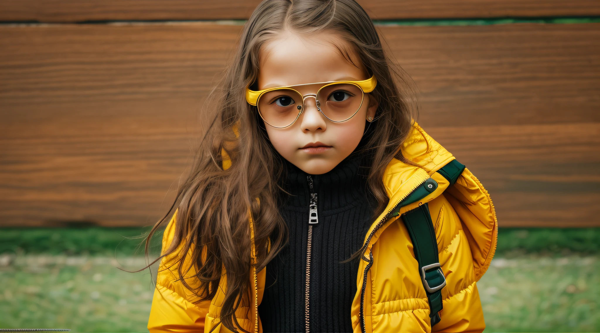 GIRLS Russian with 10 yearscabelos compridos, PORTRAIT, OCULOS ESCUROS JAQUETA PRETA E ROUPA PRETA, FUNDO AMARELO.