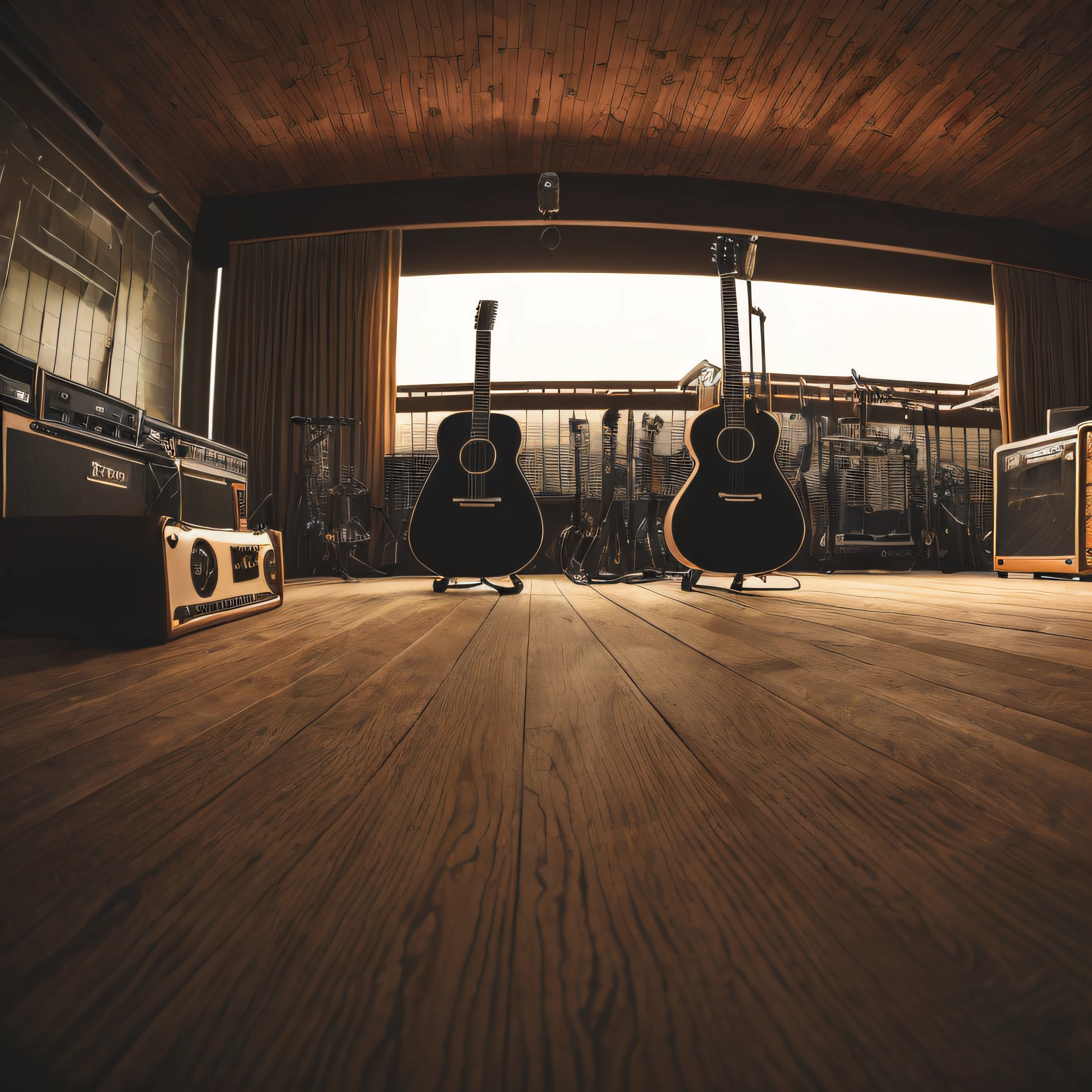 Two acoustic guitars facing each other on large empty smokey stage with one man silhouette between guitars. closeup wide angle. cinematographic --auto