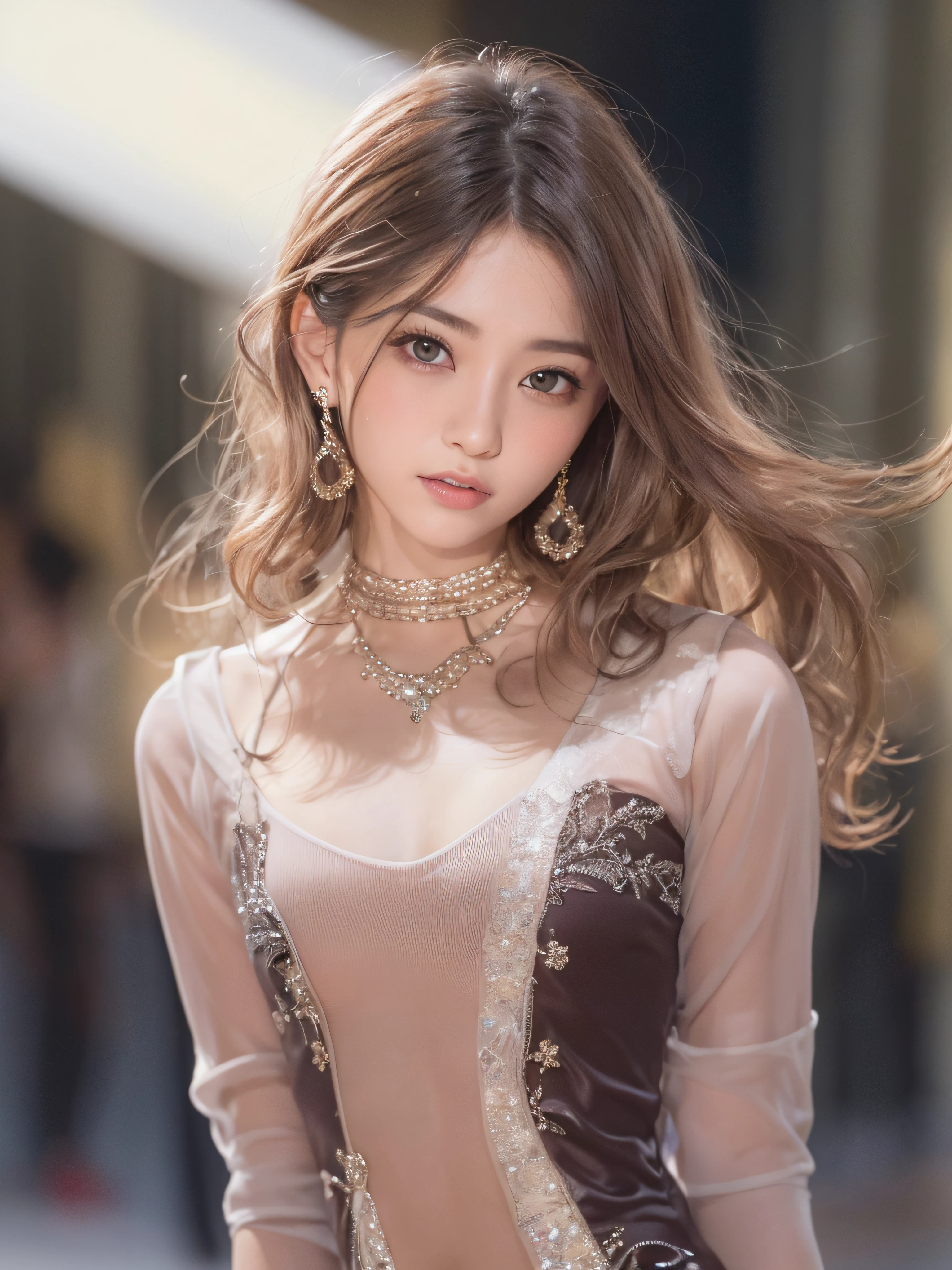 (Photorealistic), (Ultra High Realistic), (Ultra High Definition), (Ultra High Detailed), (Increase the contrast:1.3), (Increase the Saturation:1.1), (1Girl), Beautiful face, Cute face, Face Slimming, Japanese young girl, semi long curly hair, (light Brown hair), ((Slimmer)), ((Waist Slimming)), ((Small Buttocks:1.3)), ((Slimmer Legs:1.2)), (small Breasts:1.3), (Cleavage:0.8), ((sexy dress)), (Off -shoulder), (((on the fashion show runway))), movie lighting,