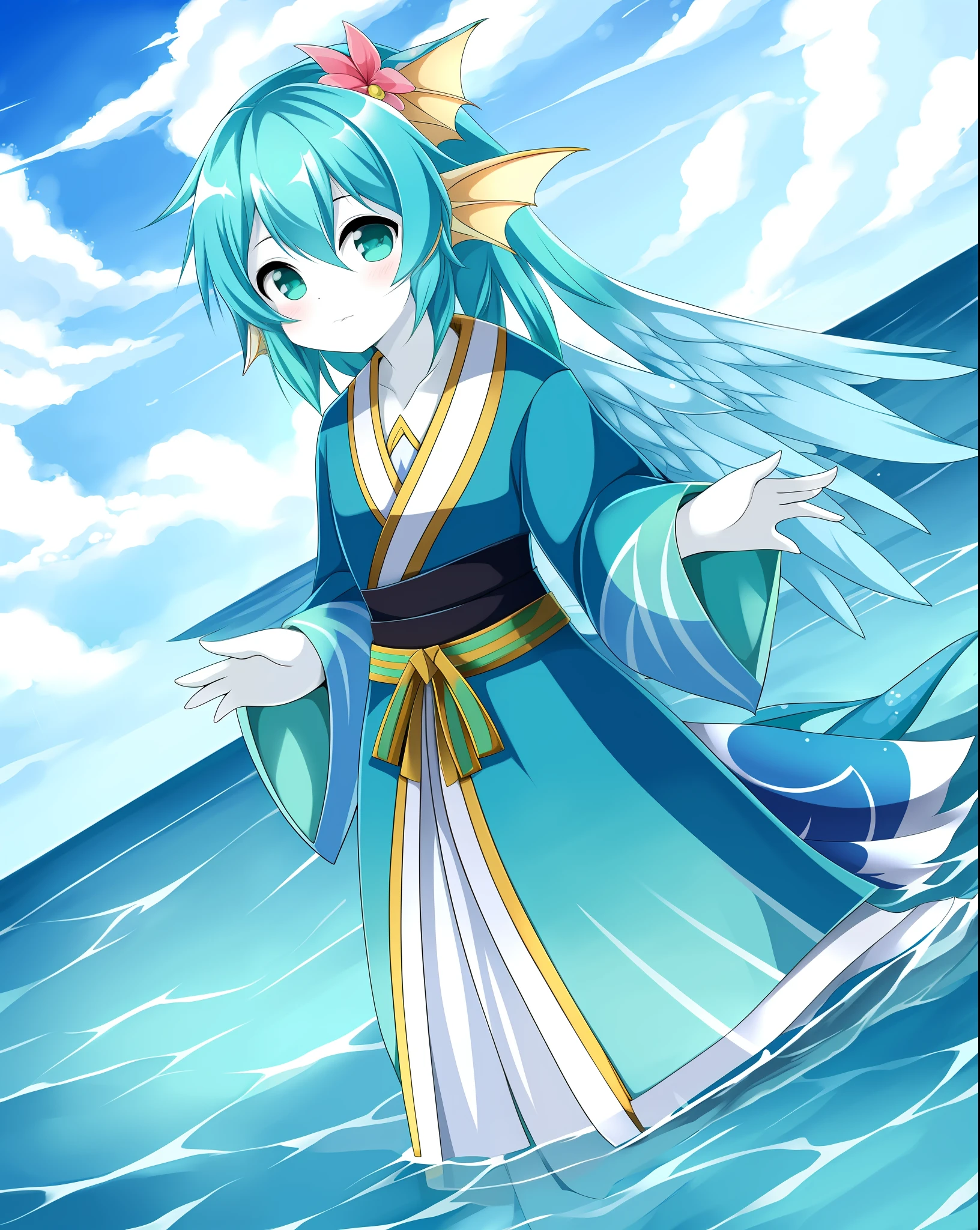 Angelfish, anthropomorphic, kawaii style, colorful blue fish scales and fins, blue flowing hair, graceful kimono of whites and jade-greens , aqua wings, Storm of God and Angel of water, Masterpiece, Best Quality