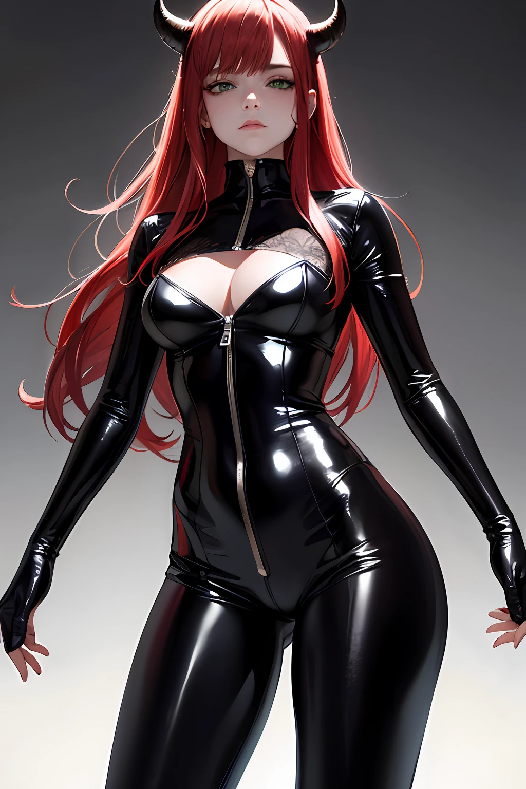 absurdres, highres, ultra detailed, (ultra-detailed background, detailed background), extremly detailed, 1girl, melancholy photo of a red haired demon young female with green eyes and black horns, lace catsuit, desaturated colour, inclement emotions, shot with a Ilford HP5, F/1. 8