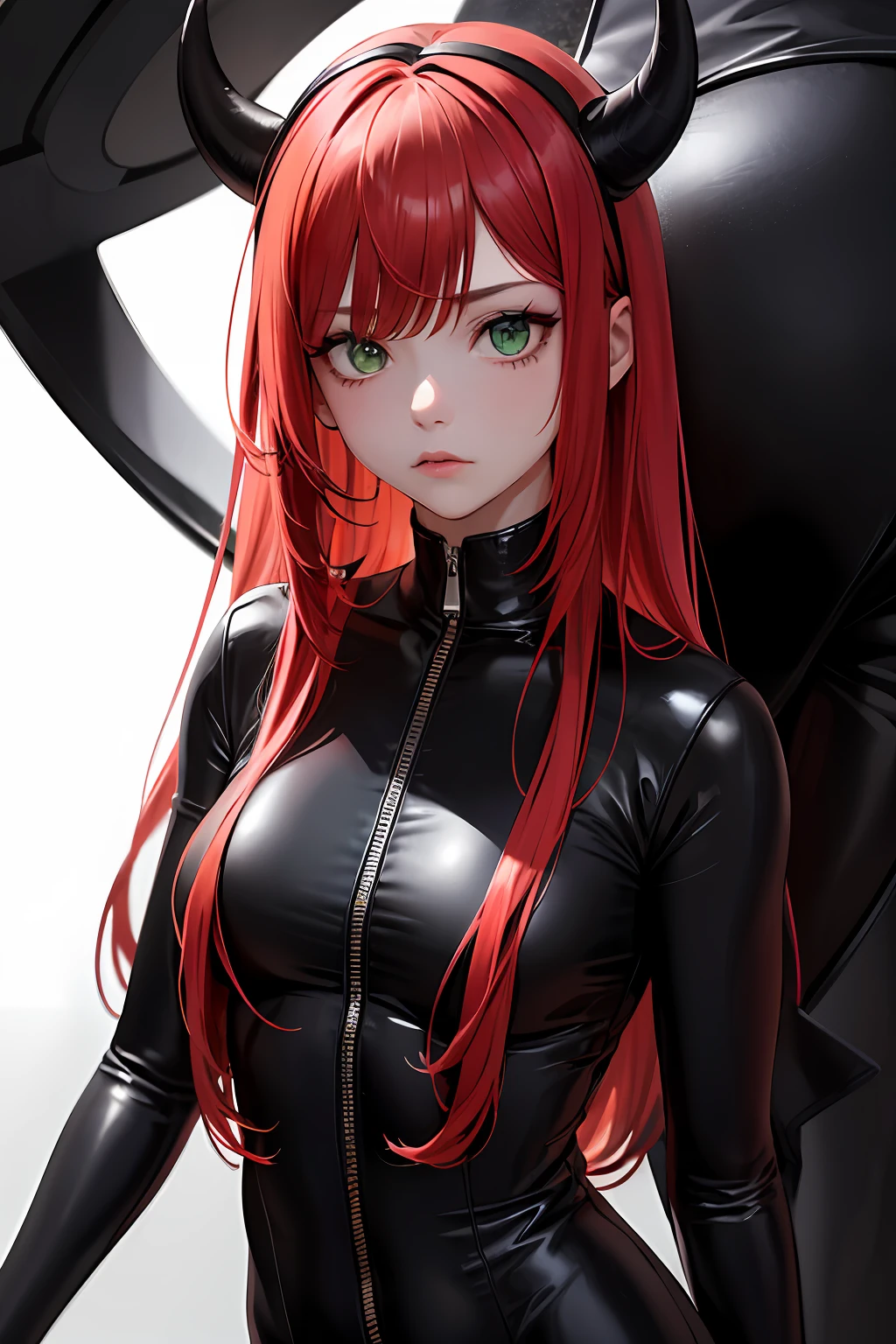 absurdres, highres, ultra detailed, (ultra-detailed background, detailed background), extremly detailed, 1girl, melancholy photo of a red haired demon young female with green eyes and black horns, lace catsuit, desaturated colour, inclement emotions, shot with a Ilford HP5, F/1. 8