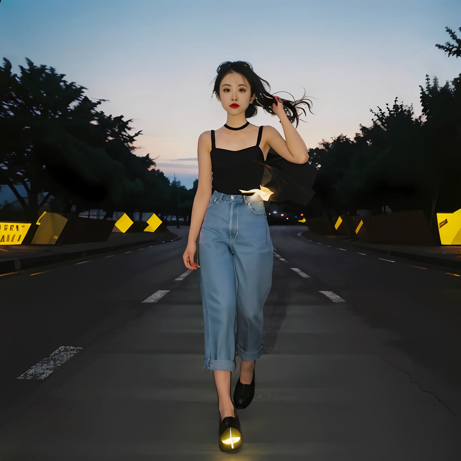 90s flash photo, empty road, Beautiful girl, full body,