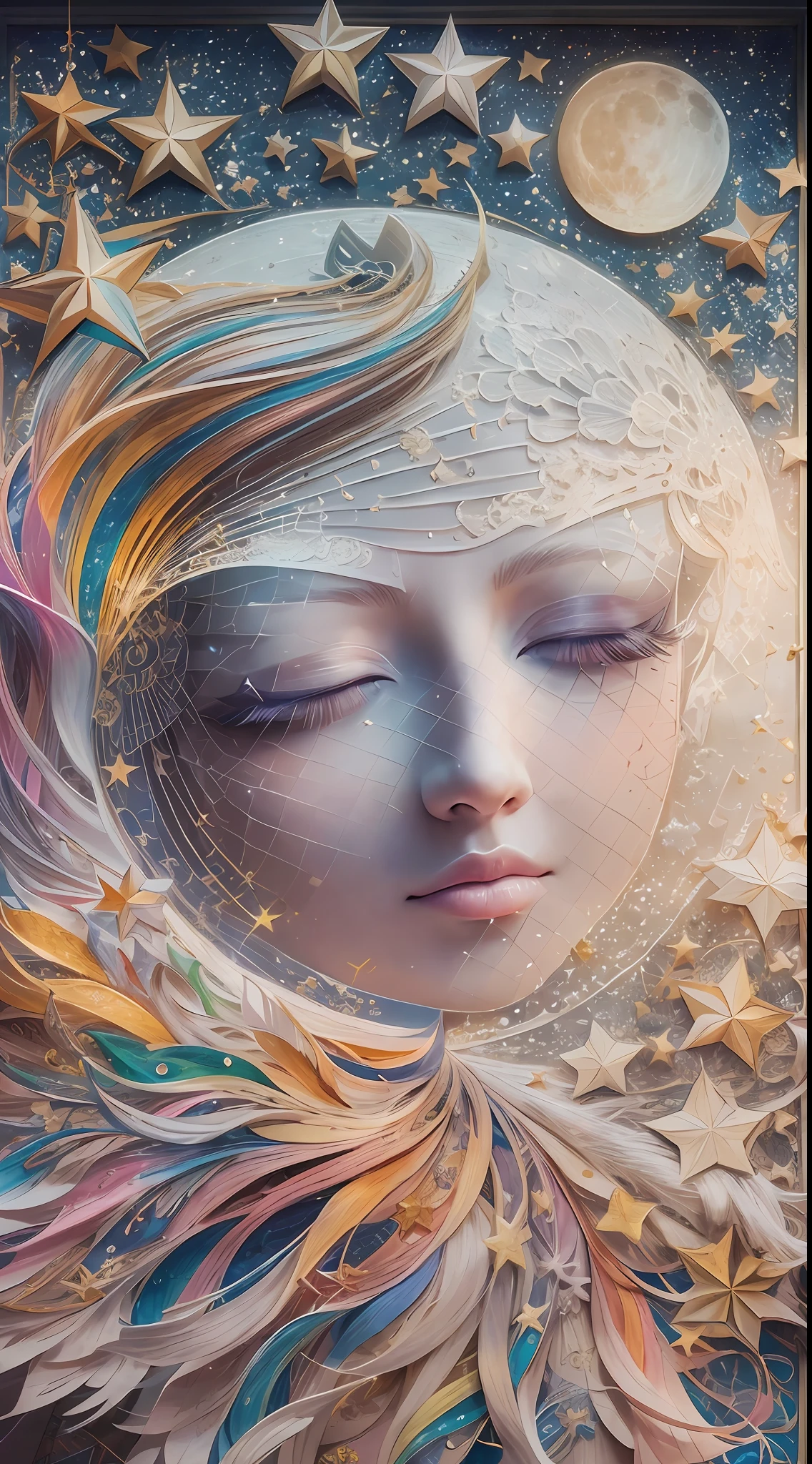 illustration: 1.3), paper art, 3D rendering of, Colorful background, (Beautiful side face, closing her eyes: 1.3), (Masterpiece star: 1.2) (Masterpiece Moon: 1.2), Colorful, Best quality, Detailed details, Masterpiece, offcial art, movie light effect, 4K, Chiaroscuro , Flash