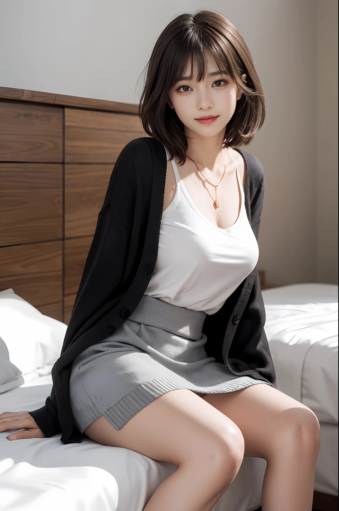 1 girl in、Brown eyes、（knit Cardigan、V-neck shirt）、micromini skirt、Blonde semi-long、（Bangs 1.5）、Thin necklace、hotels room、on the beds、8K raw photos、hight resolution、Japan 18-year-old idols、large full breasts、beautiful eyes finely detailed、long eyeslashes、Beautiful double eyelids、eyeshadows、eye line、large eye shape、a little bit smile、（Sit with your legs wide open 1.3）、（Panchira）、（Photo above the thigh）、Sit leaning against the wall of the bed、Looking at the camera、（(Put your hands behind your back1.3)）、（Photo from the front 1.2）.