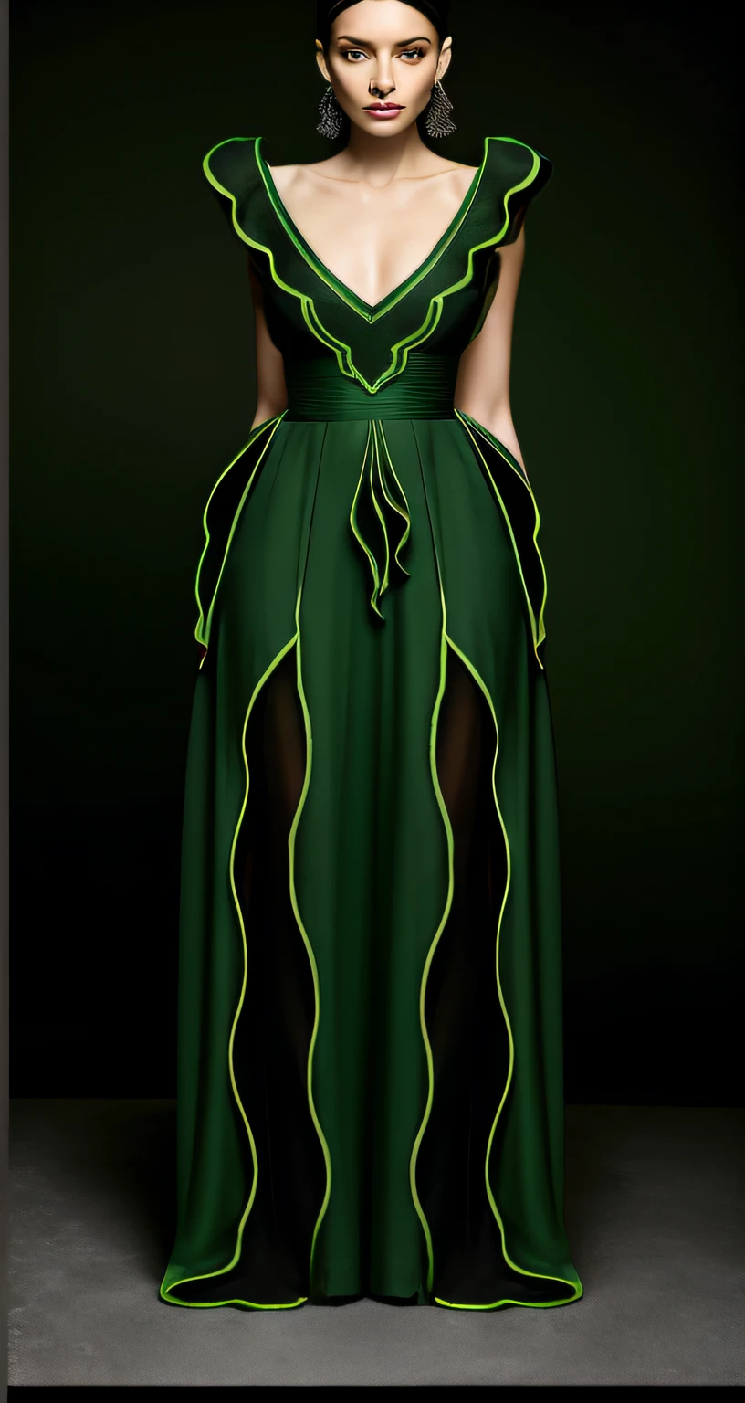Uma mulher de cabelo solto curto bonita em um vestido verde escuro, verde rubi, vestido com fenda, vestido verde de comprimento completo, Wearing a flowing dress, design de roupas, design de moda, a estilista Zuhair Murad, fotografia editorial moda detalhada, design de roupas, vestido longo, vestido verde com fendas e rosto, Women's clothing, monocromatic, tecido fino realista, alta costura , um estudio fotografico fundo branco , 8k , realista, fashion week