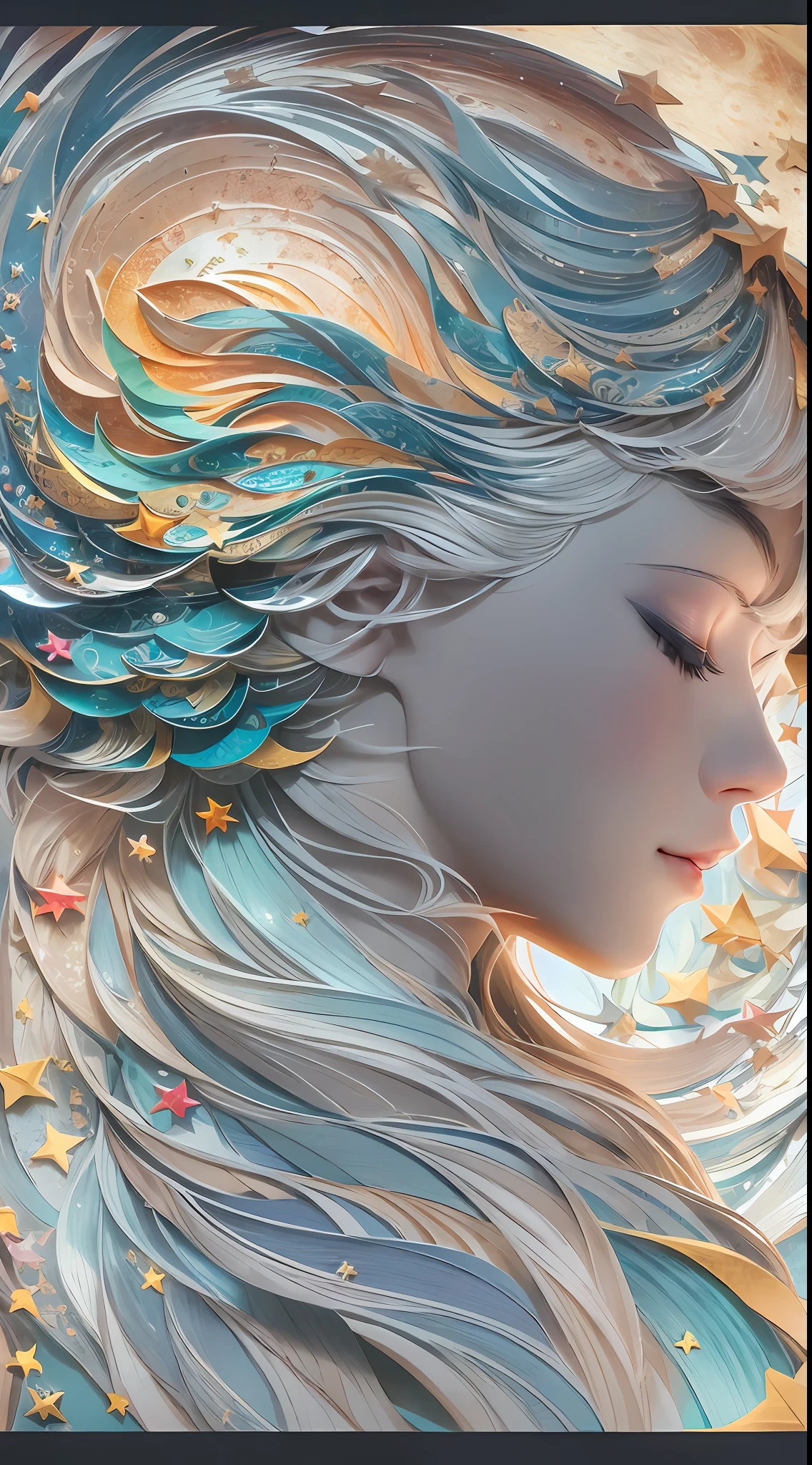 illustration: 1.3), paper art, 3D rendering of, Colorful background, (Beautiful side face, closing her eyes: 1.3), (Masterpiece star: 1.2) (Masterpiece Moon: 1.2), Colorful, Best quality, Detailed details, Masterpiece, offcial art, movie light effect, 4K, Chiaroscuro , Flash