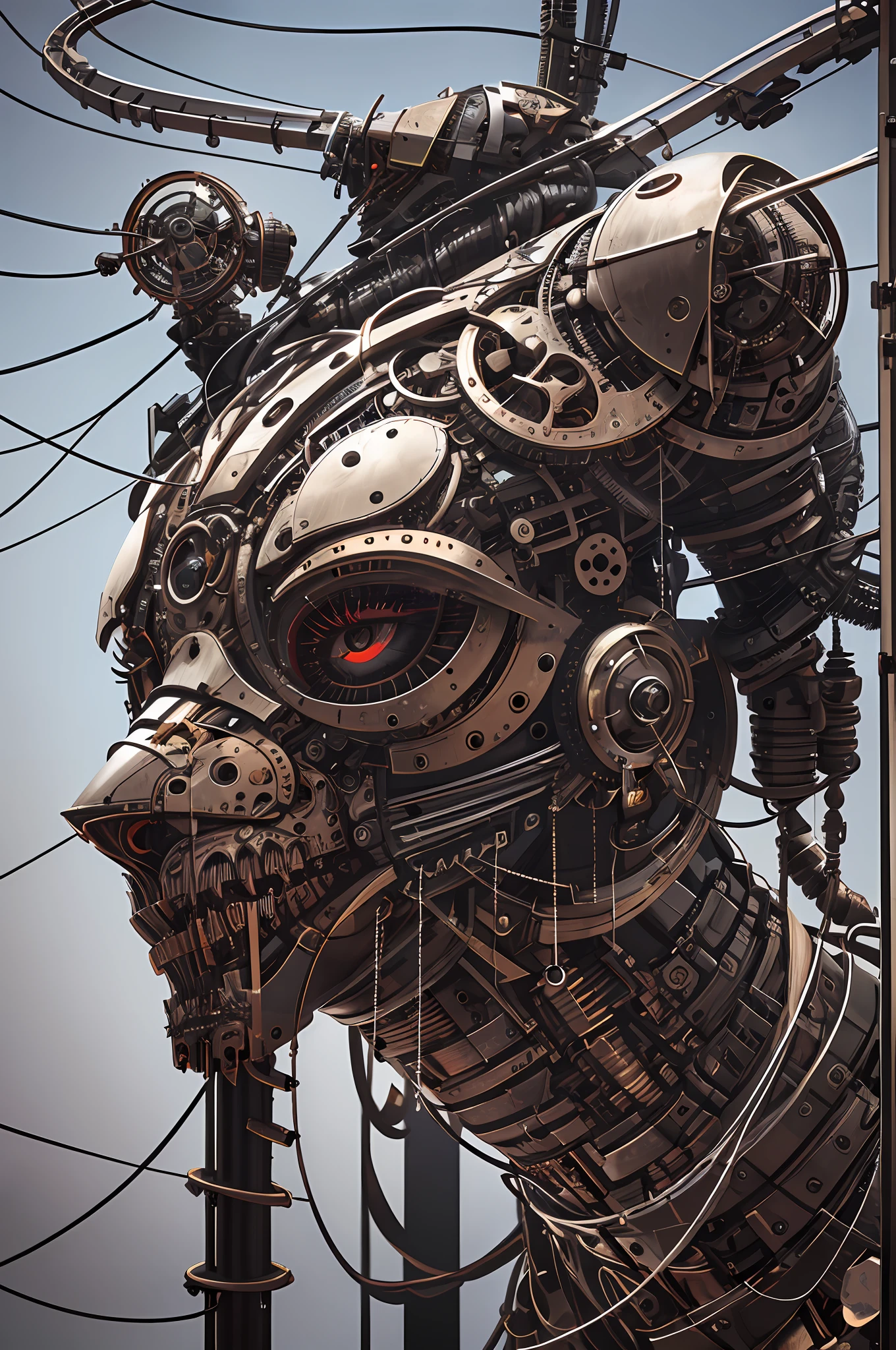 1mechanical rat,((ultra realistic details)), portrait, global illumination, shadows, octane render, 8k, ultra sharp,metal,intricate, ornaments detailed, cold colors, egypician detail, highly intricate details, realistic light, trending on cgsociety, glowing eyes, facing camera, neon details, machanical limbs,blood vessels connected to tubes,mechanical vertebra attaching to back,mechanical cervial attaching to neck,sitting,wires and cables connecting to head