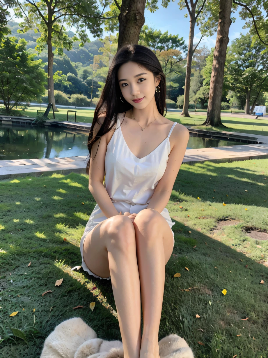 ，masterpiece, best quality，8k, ultra highres，Reallightandshadow，Cinema lenses，(beautidful eyes:1.1)， ((中景 the scene is))，By the lake in a park，The gentle goddess sits on the grass。Her eyes were full of childlike fun and serenity，It's like going back in time to innocence。