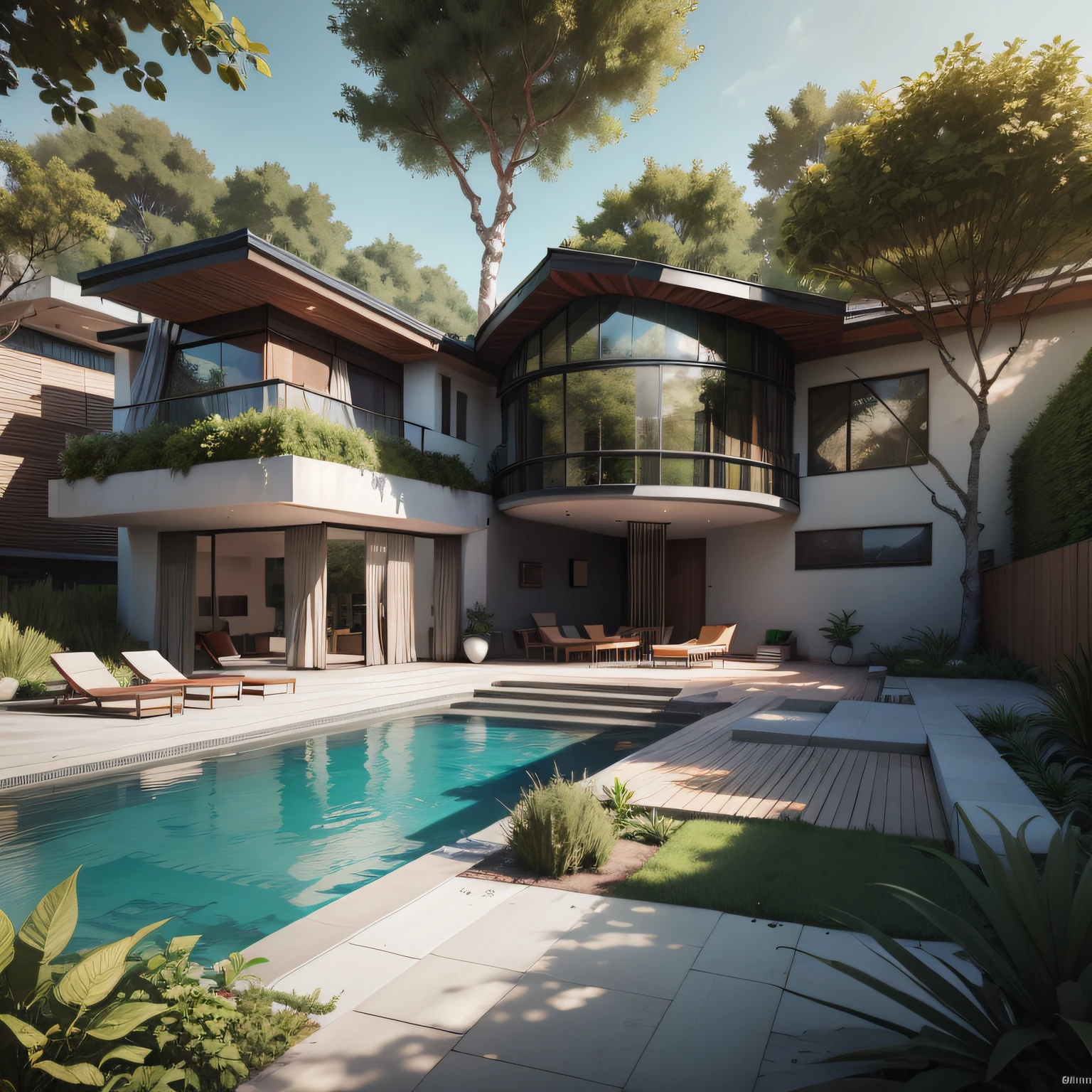 Organic modern architecture on a fairly large plot, There is a swimming pool in the middle of a large one-story house, cor da casa em vigas marrom chocolate e preto, large modern residence, telhados planos e jardim, render luxcore, render oktane, a photorealistic rendering, architectural render, mantra rendering, architectural render, realism rendering, architectural visualisation, piscina de bem-estar, architectural visualisation,  grandes zonas verdes, com pequenas zonas de flores de lavanda, arbustos verdes tipo exuberante jardim verde, swimming pool embedded in an area of sand, oliveiras e pinheiros ao redor da casa,