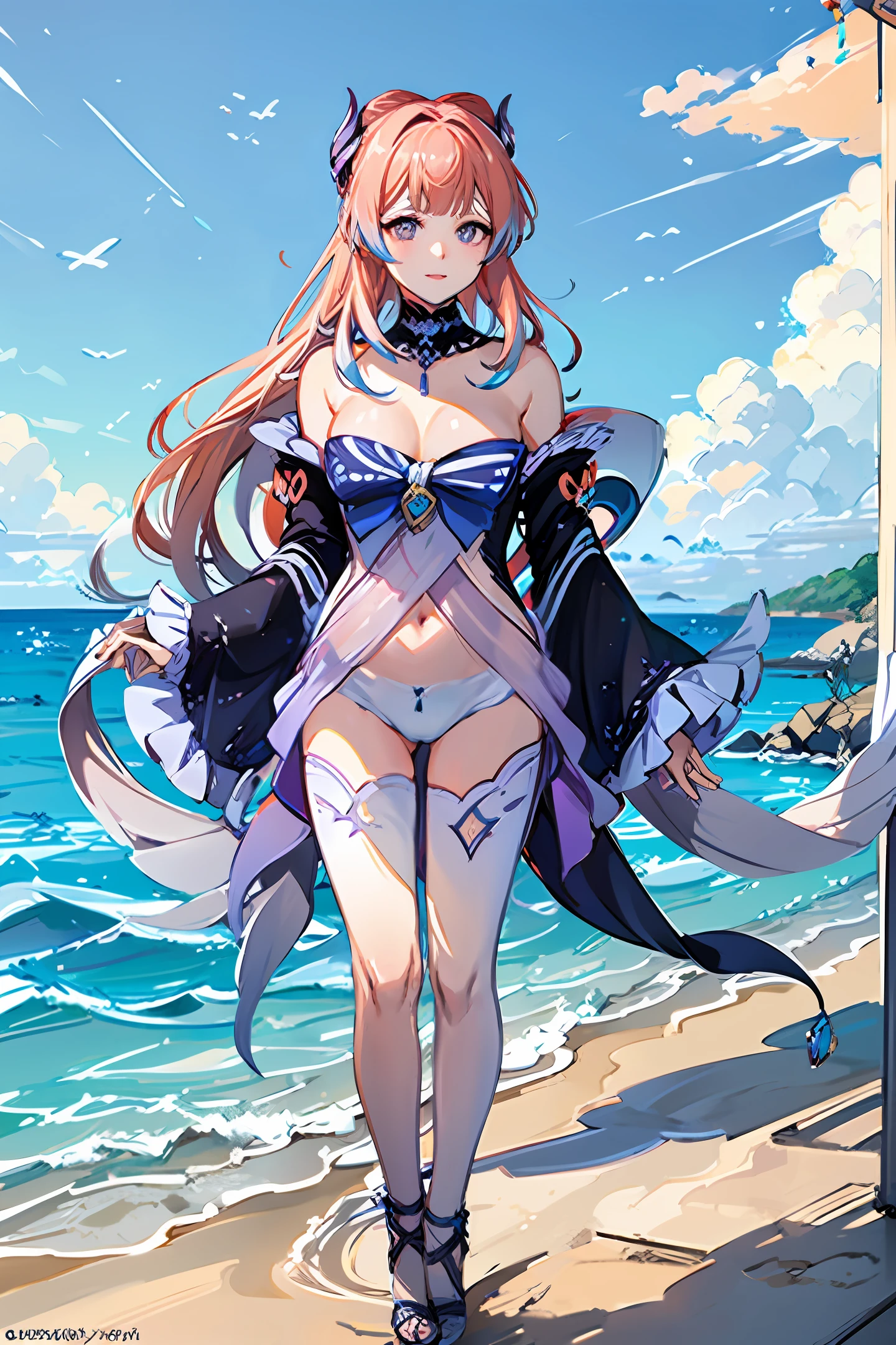 Best quality,delicated face,20-year-old Kpop idol girl,sandbeach,(mediuml breasts:1.5),,By bangs,beachside,stand posture,sea beach,(puffynipple),(camel-toe,Carmelto,Vulvar shape:1.2),Open legs