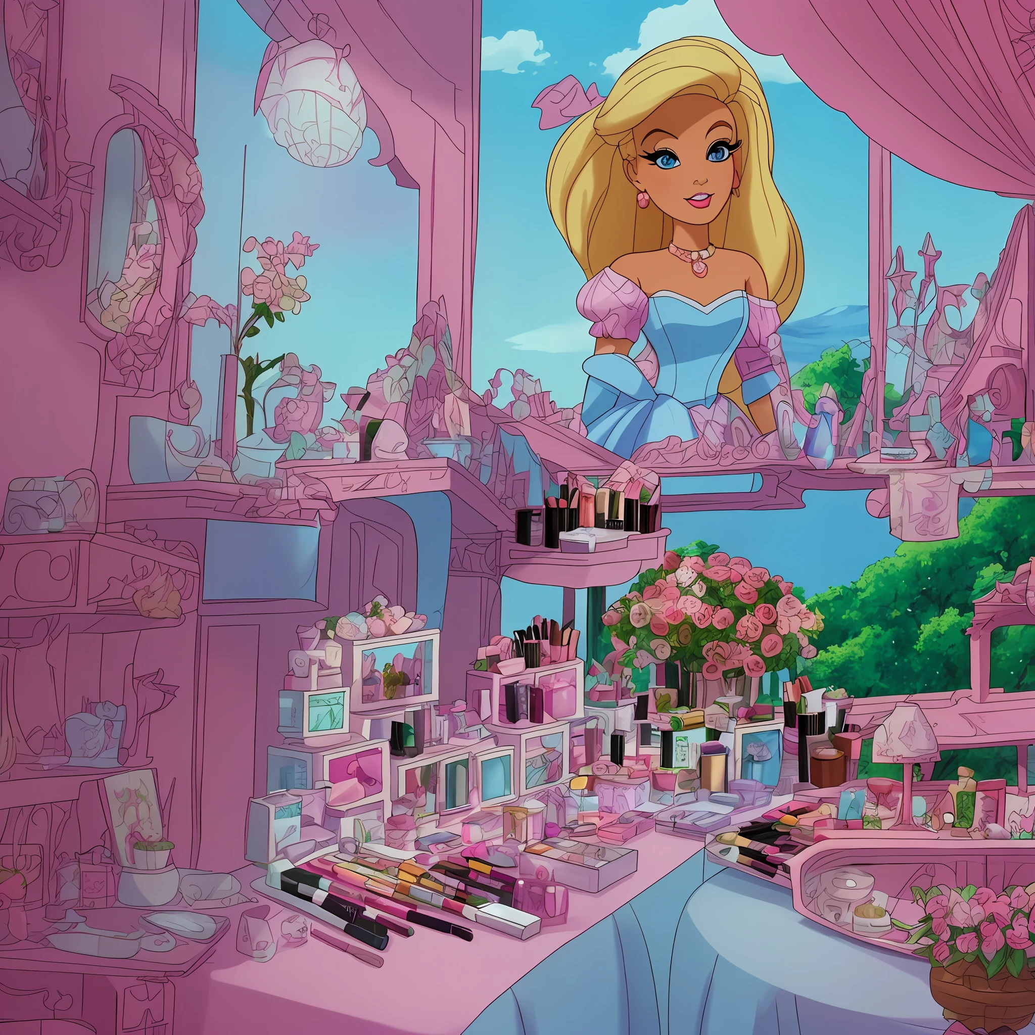 a close up of a room with a lot of makeup and a doll, wallpaper!, very aesthetic!!!!!!, barbie, aesthetic!!!!!!, fantasy aesthetic!, beauty girl, aesthetic!!!!, by disney, aesthetic!!, aesthetic!!!!!, aesthetic!, disney's princess, disney art style, disney artstyle, fantasy!!!, aesthetic!!!!!!!!, blonde - haired princess, beautifull