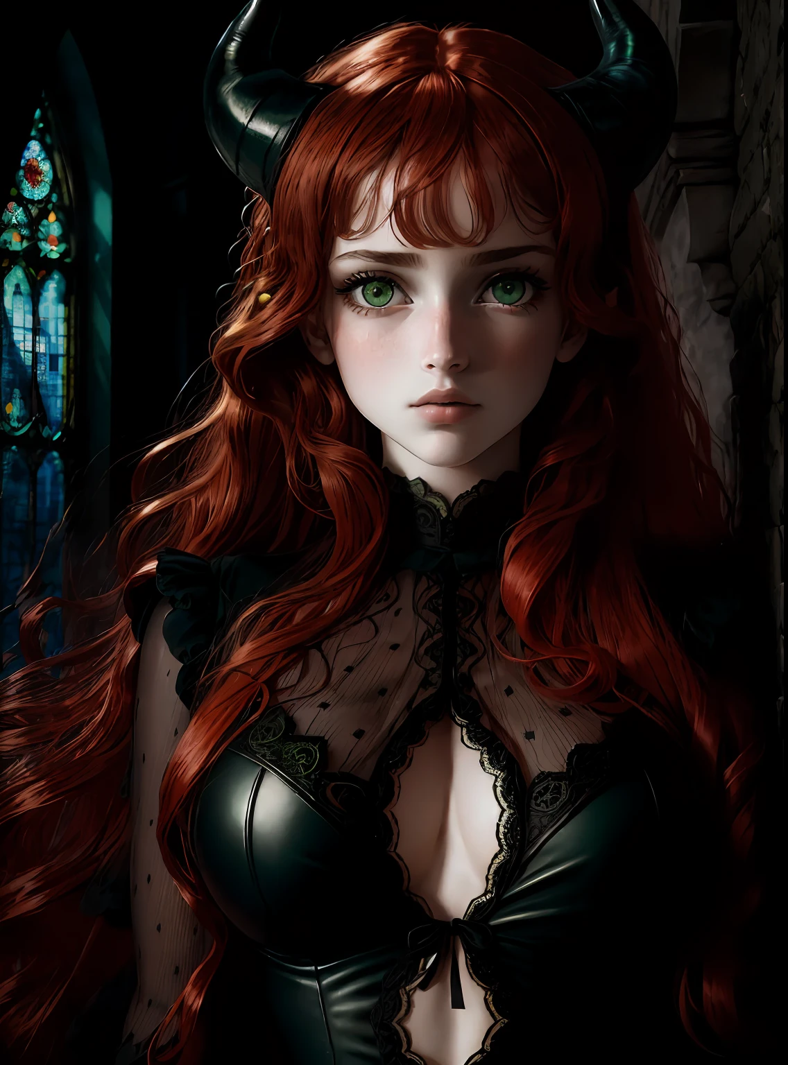 absurdres, highres, ultra detailed, (ultra-detailed background, detailed background), extremly detailed, 1girl, melancholy photo of a red haired demon young female with green eyes and black horns, lace catsuit, desaturated colour, inclement emotions, shot with a Ilford HP5, F/1. 8