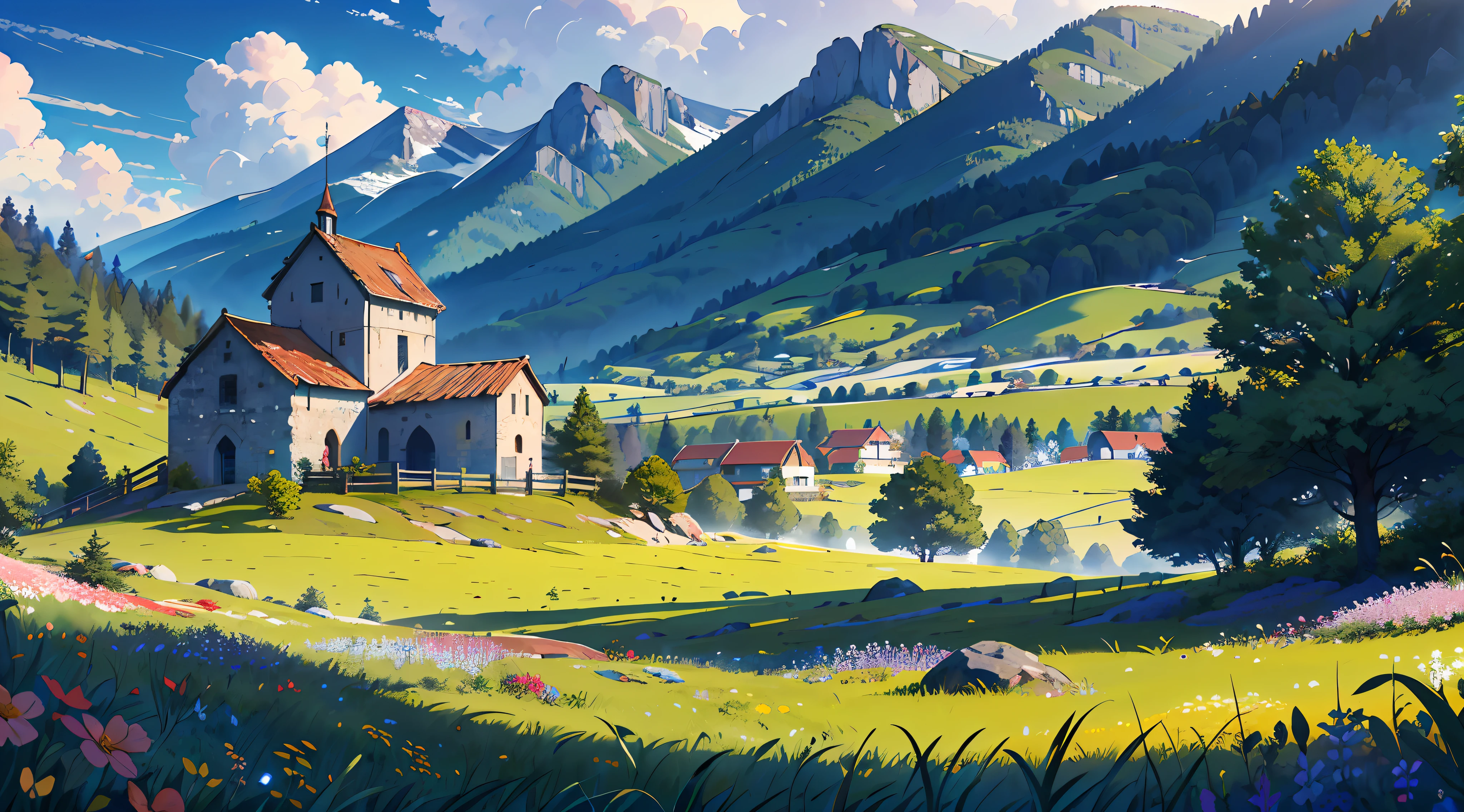 ultra-detailed illustration of a (soldado medieval em um campo de flores vermelhas:1.15), bela paisagem, extremamente detalhado, Montanhas ao longe, (uma pequena aldeia ao longe:1.2), pine trees, Ruins in the distance