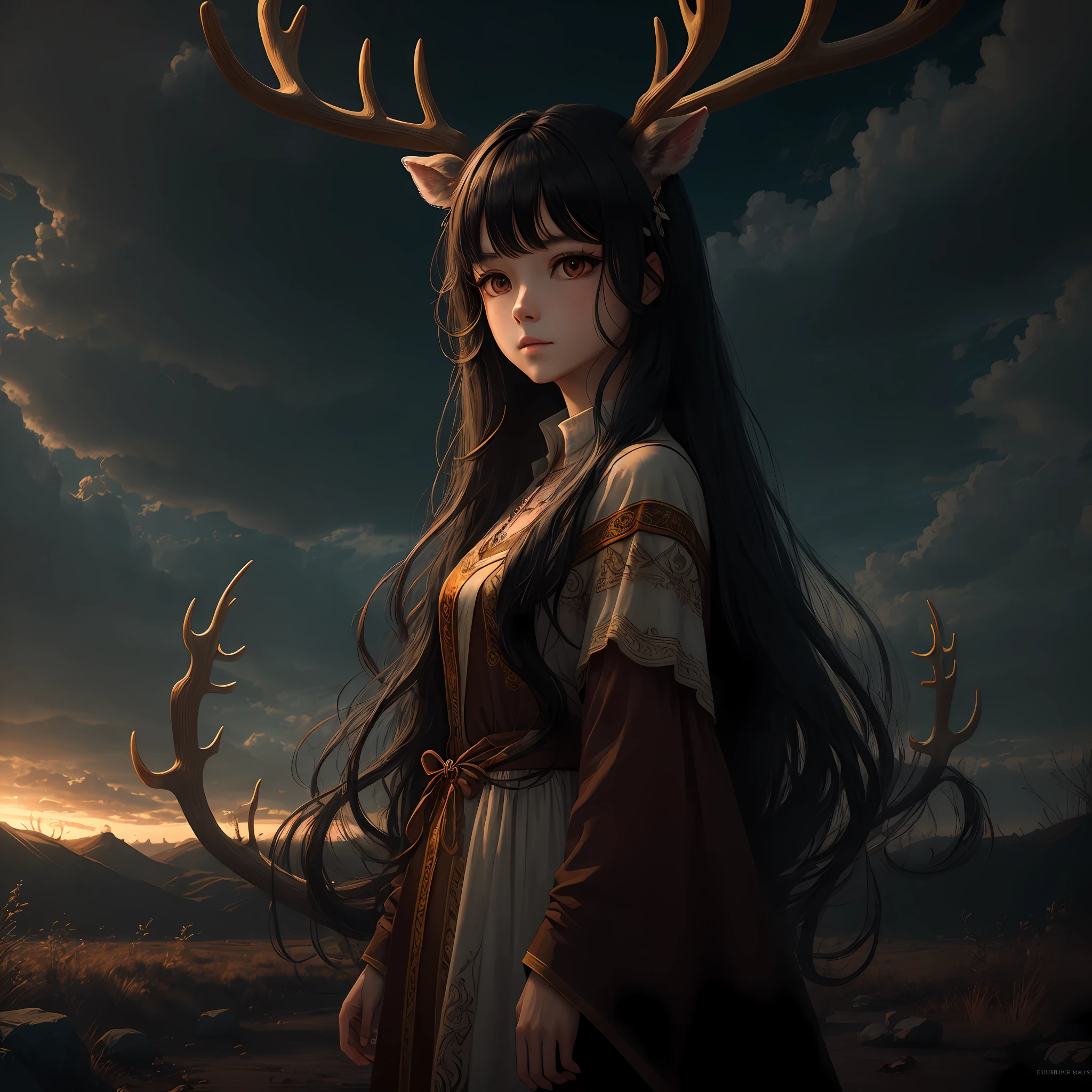 black hair, long whitr hair, deer antlers, Surrealism, ancient wind, 8k, super detail --auto