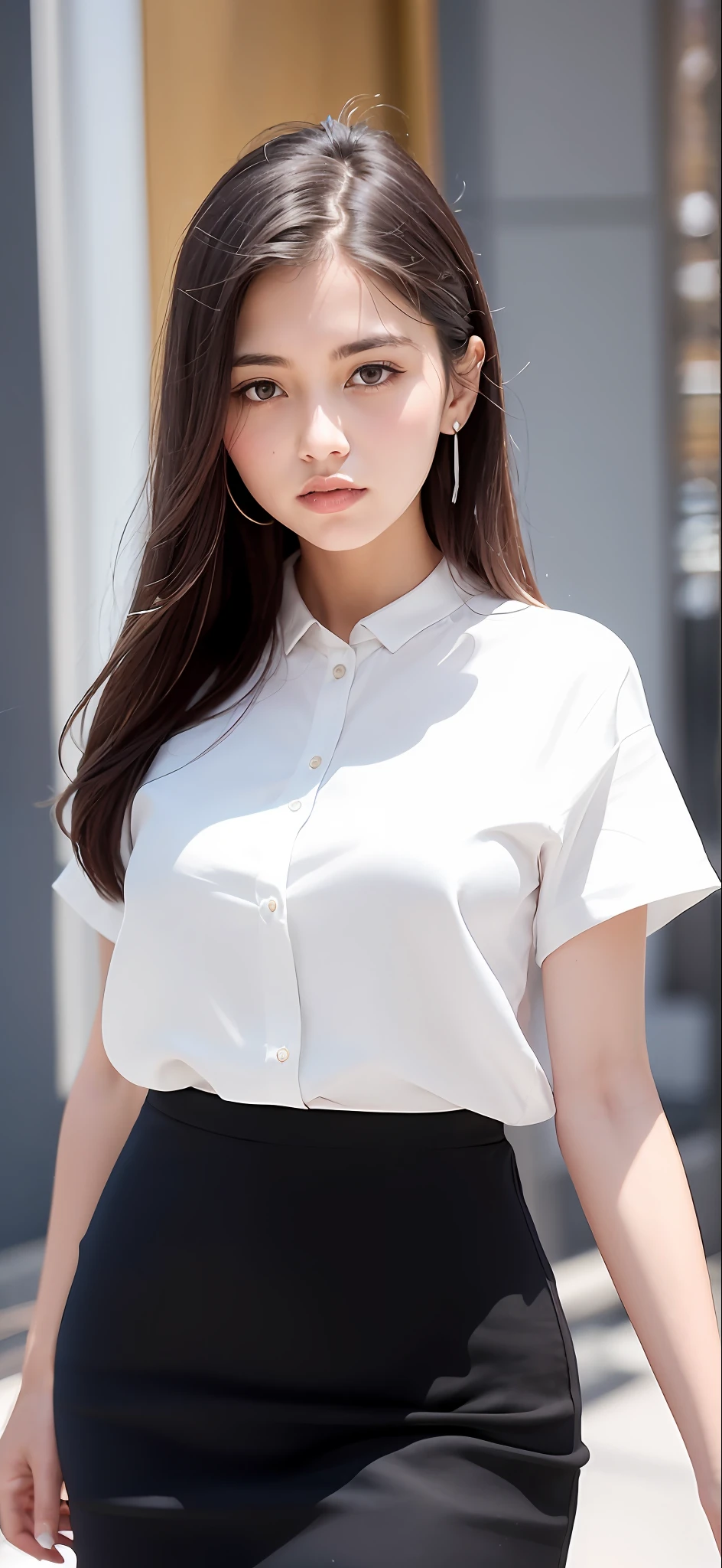 Arafard image of a woman in a white shirt and black dress, wearing  shirt, fine white shirt, in a white shirt, Wearing white silk, in a white shirt, wearing  shirt, White shirt, White blouse, Wearing a white shirt, white silky outfit, wearing a light shirt, In a white blouse shirt, elegant slim beige shirt