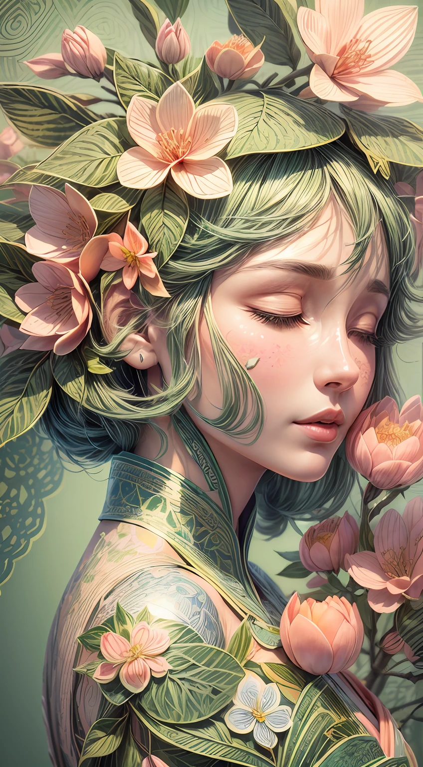 (illustration:1.3),paper art, zentangle，3D rendering，green background, Spring，(Beauty side face,close eyes:1.3)，(peach blossoms:1.2), Colorful, Best quality, Detailed details, Masterpiece, offcial art, Cinematic lighting effects, 4K,