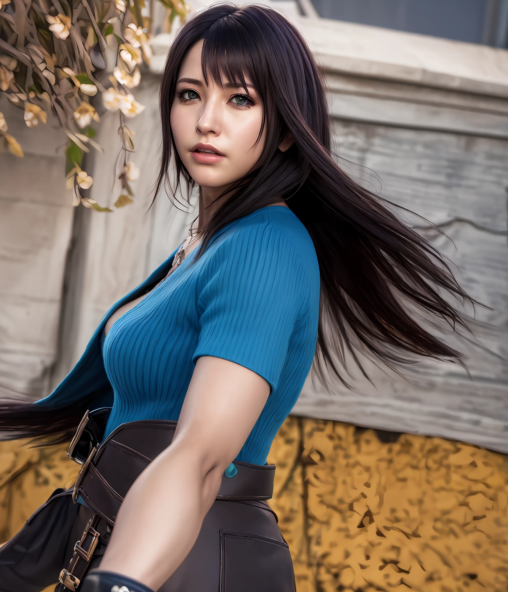 Rinoa, Blue Armor, Full Gauntlets, Dark Fantasy, Hair Blowing in the Wind, Unparalleled Masterpiece, 8K UHD, Perfect Art, Beautiful Face, Beautiful Eyes, Precise Hands, Dramatic Lighting, Ray Tracing