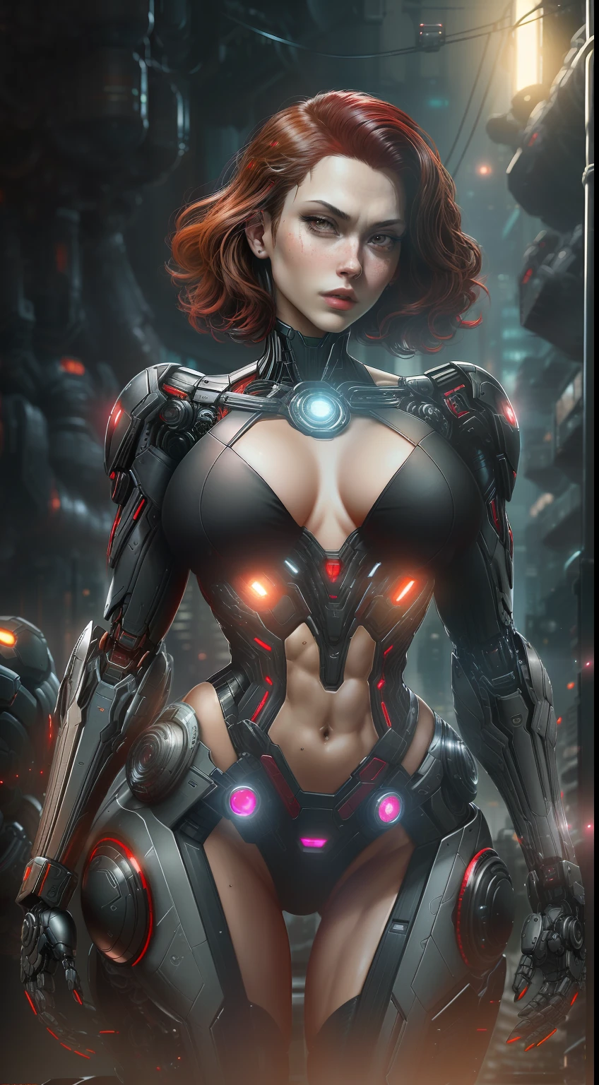 photo of Black Widow (sexy, big boobs) from Marvel, biomechanical, complex robot, full growth, hyperrealistic, insane small details, extremely clean lines, cyberpunk aesthetic, masterpiece featured on Zbrush Central