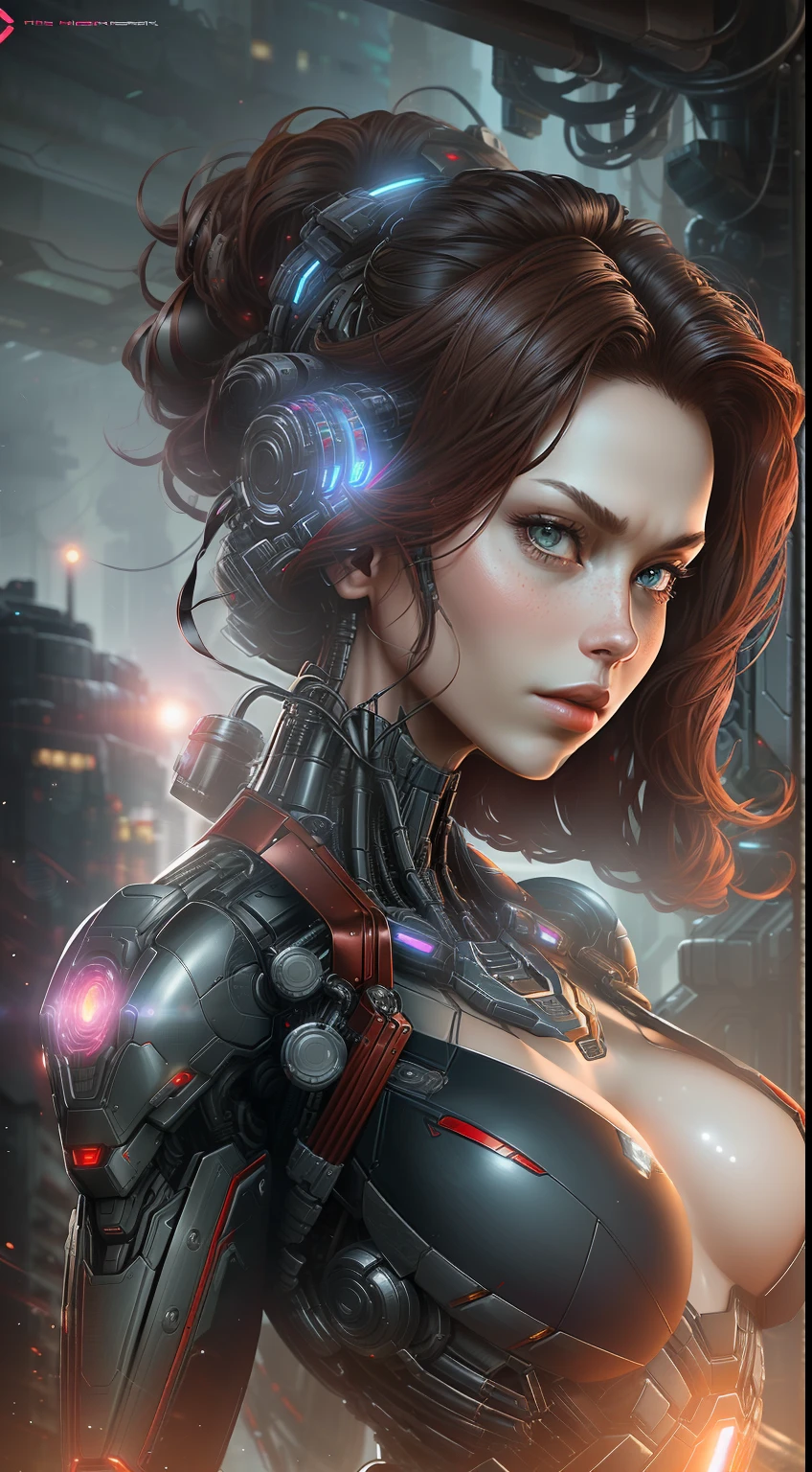 photo of Black Widow (sexy, big boobs) from Marvel, biomechanical, complex robot, full growth, hyperrealistic, insane small details, extremely clean lines, cyberpunk aesthetic, masterpiece featured on Zbrush Central