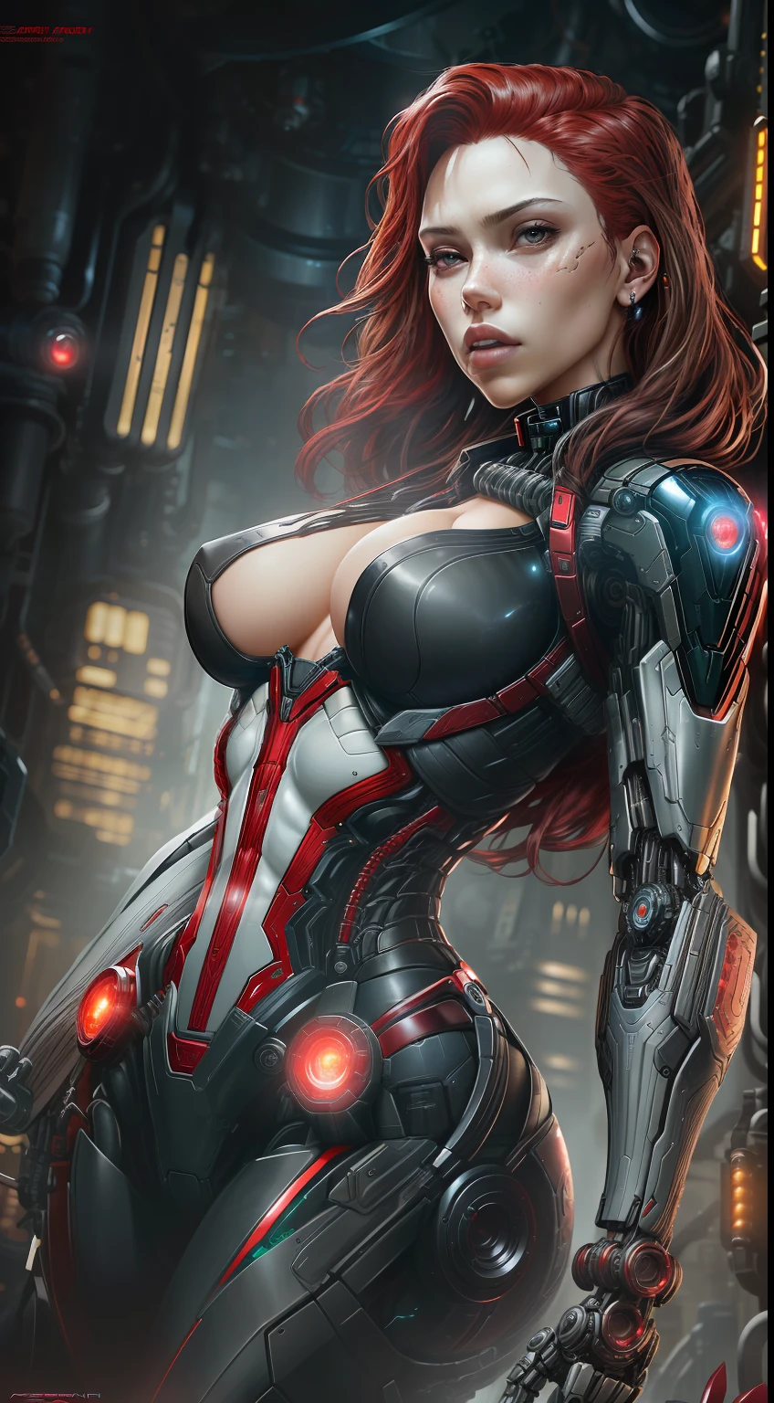 photo of Scarlet Johansson's Black Widow (sexy, big boobs) from Marvel, biomechanical, complex robot, full growth, hyperrealistic, insane small details, extremely clean lines, cyberpunk aesthetic, masterpiece featured on Zbrush Central