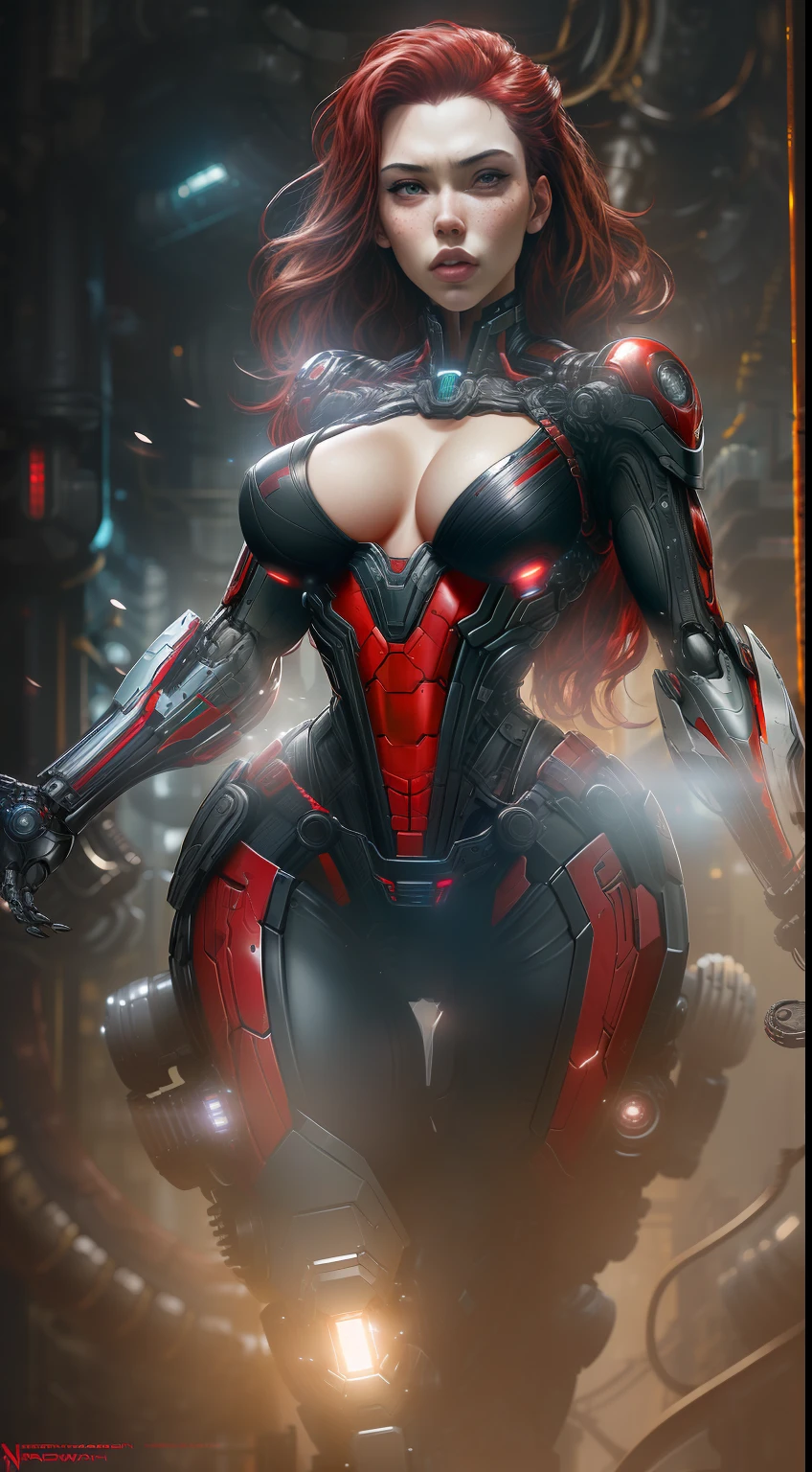 photo of Scarlet Johansson's Black Widow (sexy, big boobs) from Marvel, biomechanical, complex robot, full growth, hyperrealistic, insane small details, extremely clean lines, cyberpunk aesthetic, masterpiece featured on Zbrush Central