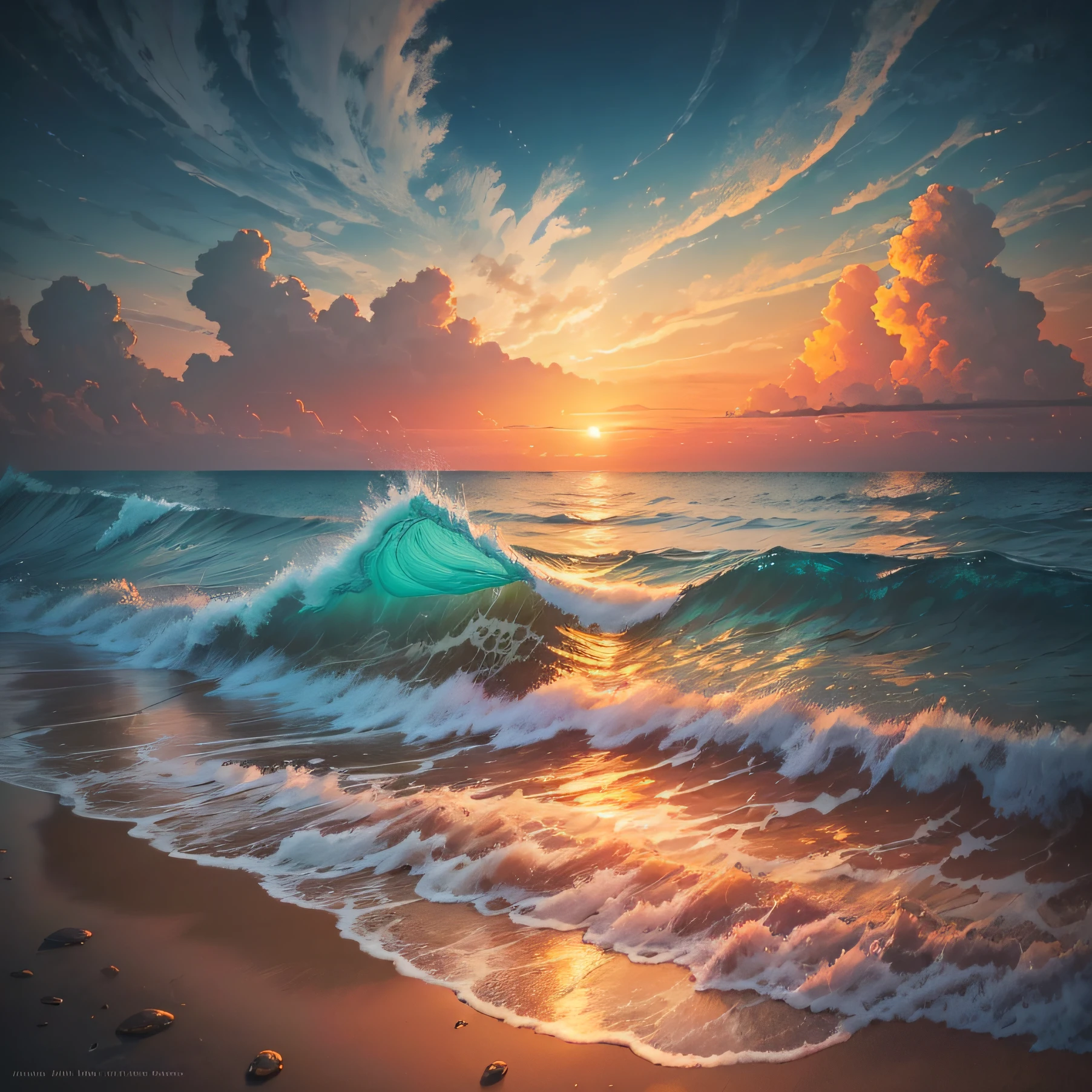 Create a visually stunning and realistic artwork capturing the serene beauty of a sunset scene over the ocean. Showcase the interplay of vibrant colors, subtle reflections, and the ethereal glow as the sun sinks below the horizon. Pay meticulous attention to detail to bring the image to life, from the gentle waves rolling onto the sandy shore to the wisps of clouds scattered across the sky. Let the tranquil ambiance of this captivating seascape evoke a sense of calmness and awe in the viewer. --auto