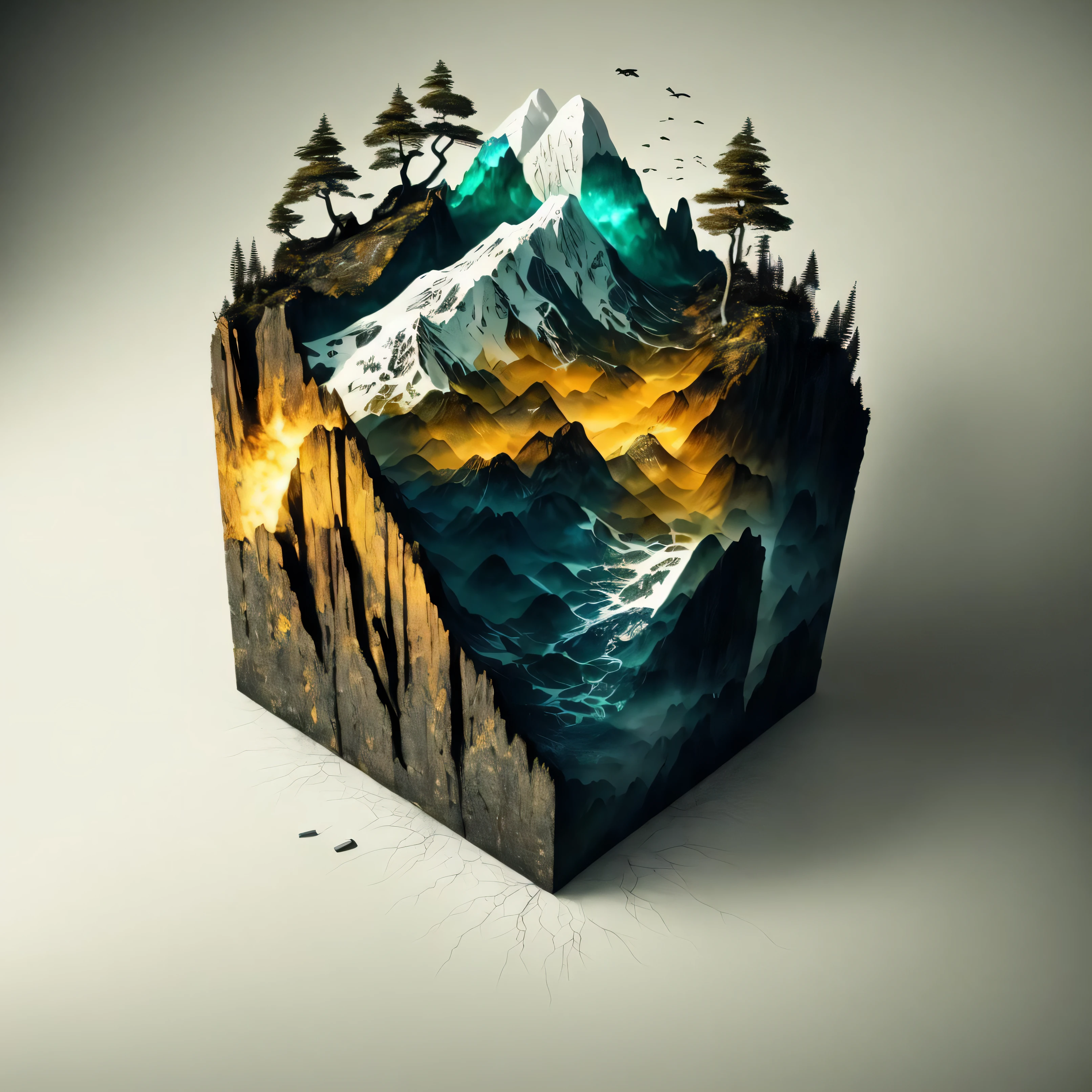 microworld render style, tiny glass cube contained, inside the cube are (scenery, ink, mountains, water, trees) , volumetric, clouds, vibrant, colorful, highly detailed,  4k uhd, 8k, octane render, centred subject, white background,