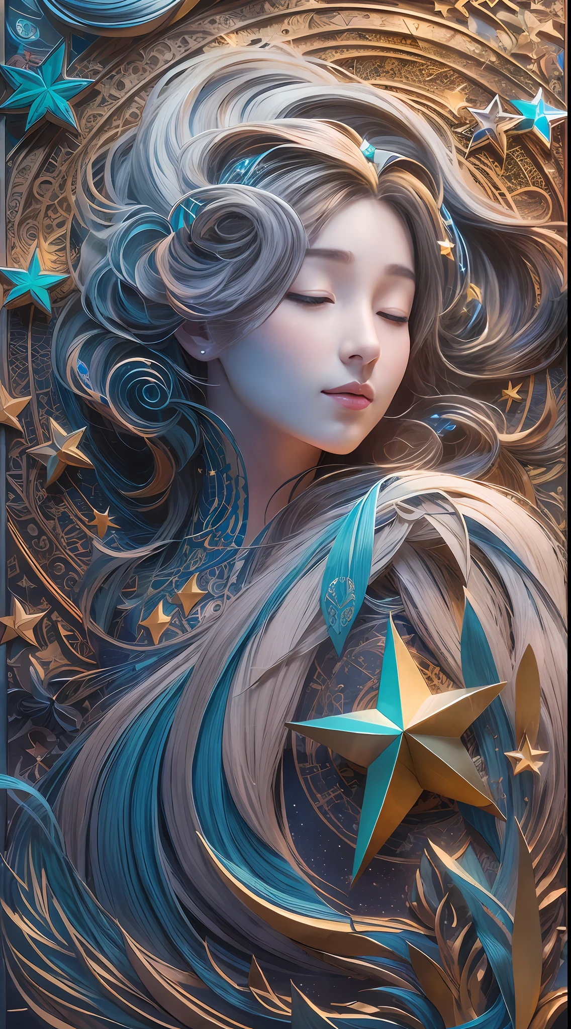 illustration: 1.3), paper art, 3D rendering of, Colorful background, (Beautiful side face, closing her eyes: 1.3), (Masterpiece star: 1.2) (Masterpiece Moon: 1.2), Colorful, Best quality, Detailed details, Masterpiece, offcial art, movie light effect, 4K, Chiaroscuro , Flash