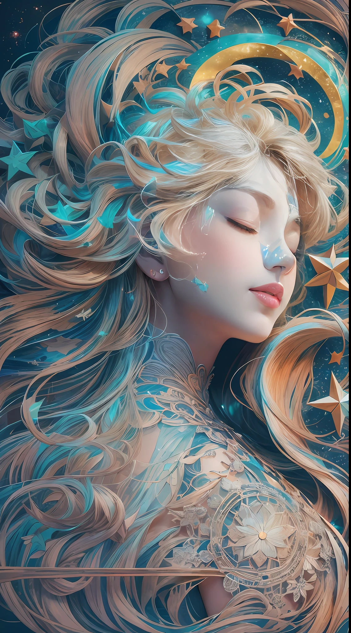 illustration: 1.3), paper art, 3D rendering of, Colorful background, (Beautiful side face, closing her eyes: 1.3), (Masterpiece star: 1.2) (Masterpiece Moon: 1.2), Colorful, Best quality, Detailed details, Masterpiece, offcial art, movie light effect, 4K, Chiaroscuro , Flash
