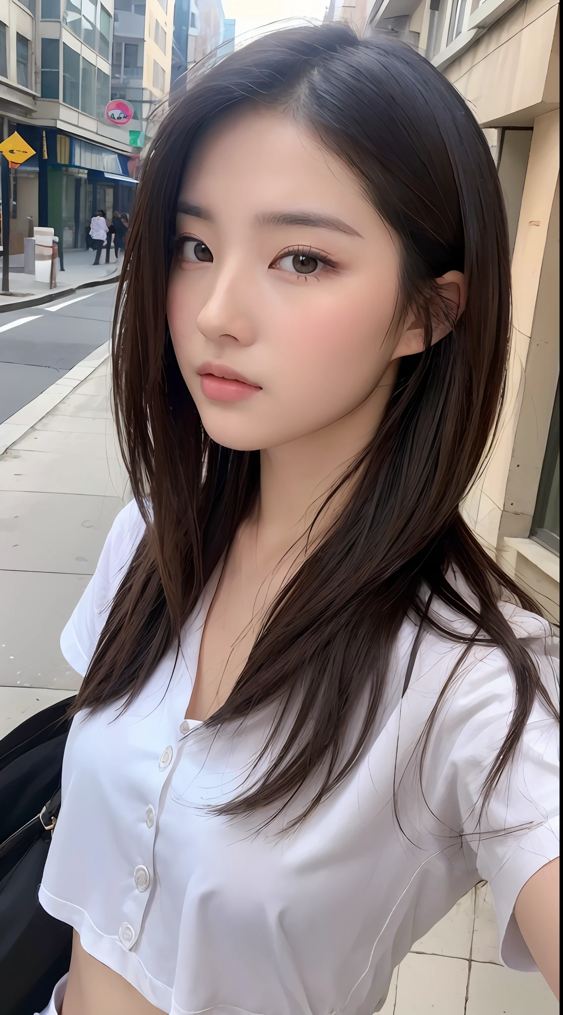 ((Best Quality, 8K, Masterpiece: 1.3)), Sharp: 1.2, Perfect Body Beauty: 1.4, Slim Abs: 1.2, ((Layered Hairstyle, :1.2)), (White Button Short Sleeve Shirt: 1.1), (Street: 1.2), Wet: 1.5, Highly detailed face and skin texture, Fine eyes, double eyelids, looking at the camera