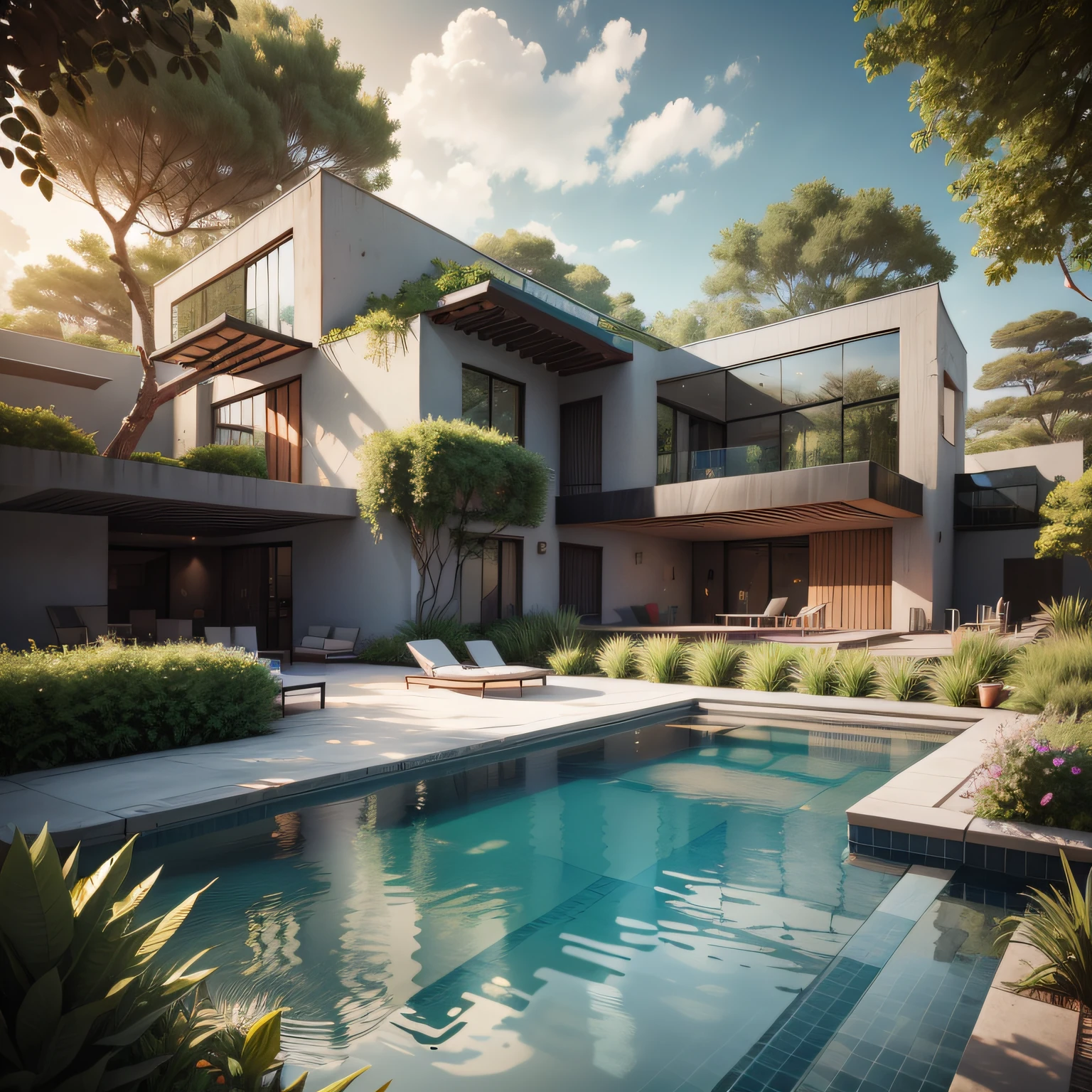 Organic modern architecture on a fairly large plot, There is a swimming pool in the middle of a large one-story house, cor da casa em vigas marrom chocolate e preto, large modern residence, telhados planos e jardim, render luxcore, render oktane, a photorealistic rendering, architectural render, mantra rendering, architectural render, realism rendering, architectural visualisation, piscina de bem-estar, architectural visualisation,  grandes zonas verdes, com pequenas zonas de flores de lavanda, arbustos verdes tipo exuberante jardim verde, swimming pool embedded in an area of sand, oliveiras e pinheiros ao redor da casa,