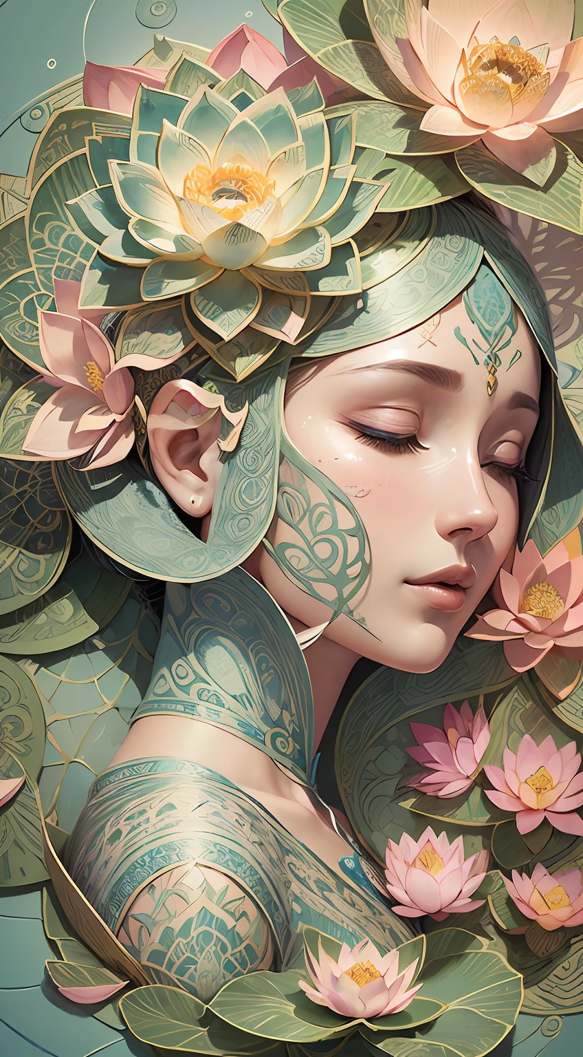 (illustration:1.3),paper art, zentangle，3D rendering，blue background, Spring，(Beauty side face,close eyes:1.3)，(lotuses:1.2), Colorful, Best quality, Detailed details, Masterpiece, offcial art, Cinematic lighting effects, 4K,
