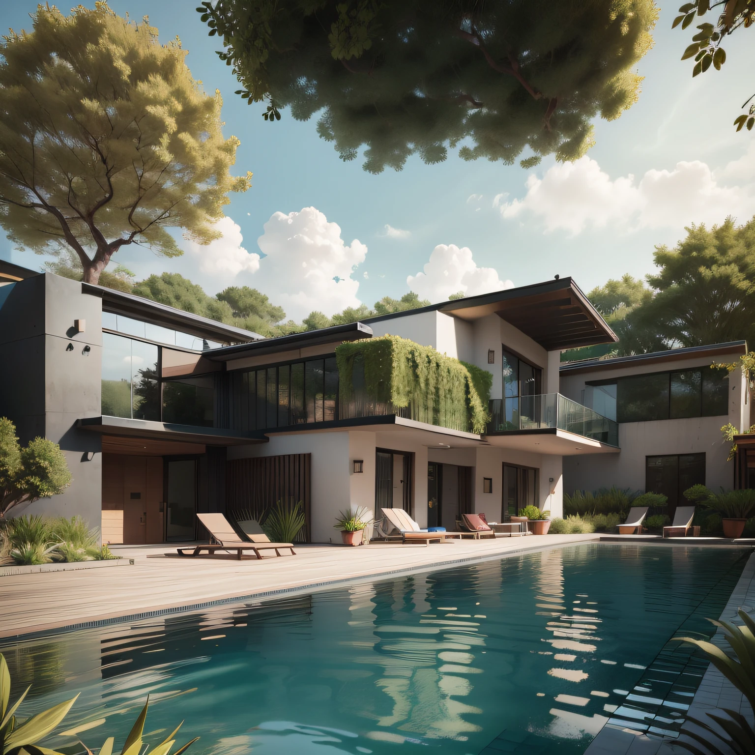 Organic modern architecture on a fairly large plot, There is a swimming pool in the middle of a large one-story house, cor da casa em vigas marrom chocolate e preto, large modern residence, telhados planos e jardim, render luxcore, render oktane, a photorealistic rendering, architectural render, mantra rendering, architectural render, realism rendering, architectural visualisation, piscina de bem-estar, architectural visualisation, grandes zonas verdes, com pequenas zonas de flores de lavanda, arbustos verdes tipo exuberante jardim verde, swimming pool embedded in an area of sand, oliveiras e pinheiros ao redor da casa,