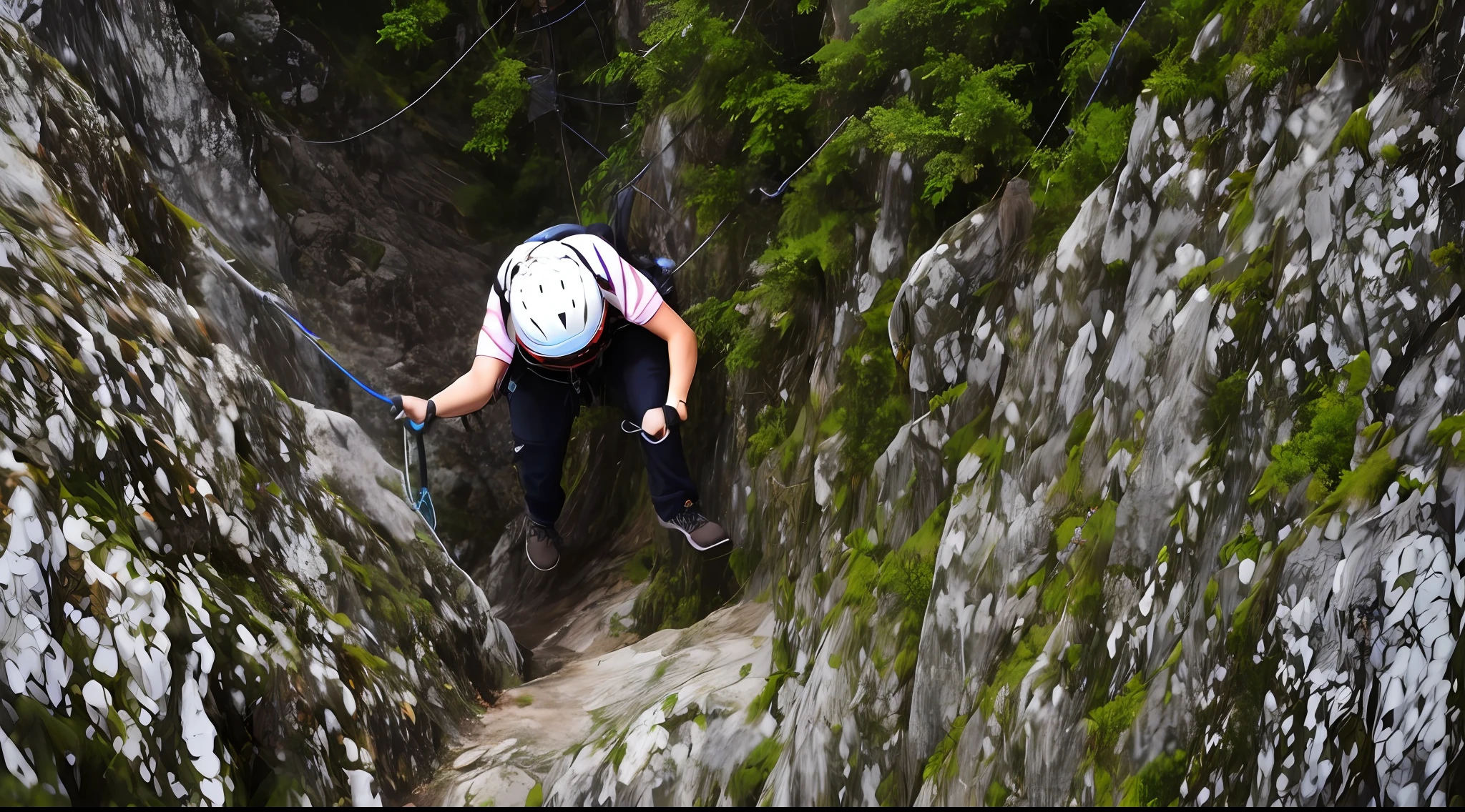 Arafed climber climbing a steep cliff with a helmet on, swinging on a vine over a chasm, Escalada, subindo um penhasco, aventureiro, escalador, caindo de um penhasco, Escalada, belaying, Divirta-se, olhando para baixo de um penhasco, hora de subir o caminho da montanha, sobre um penhasco, steep cliffs, aventura, conhecimento intenso