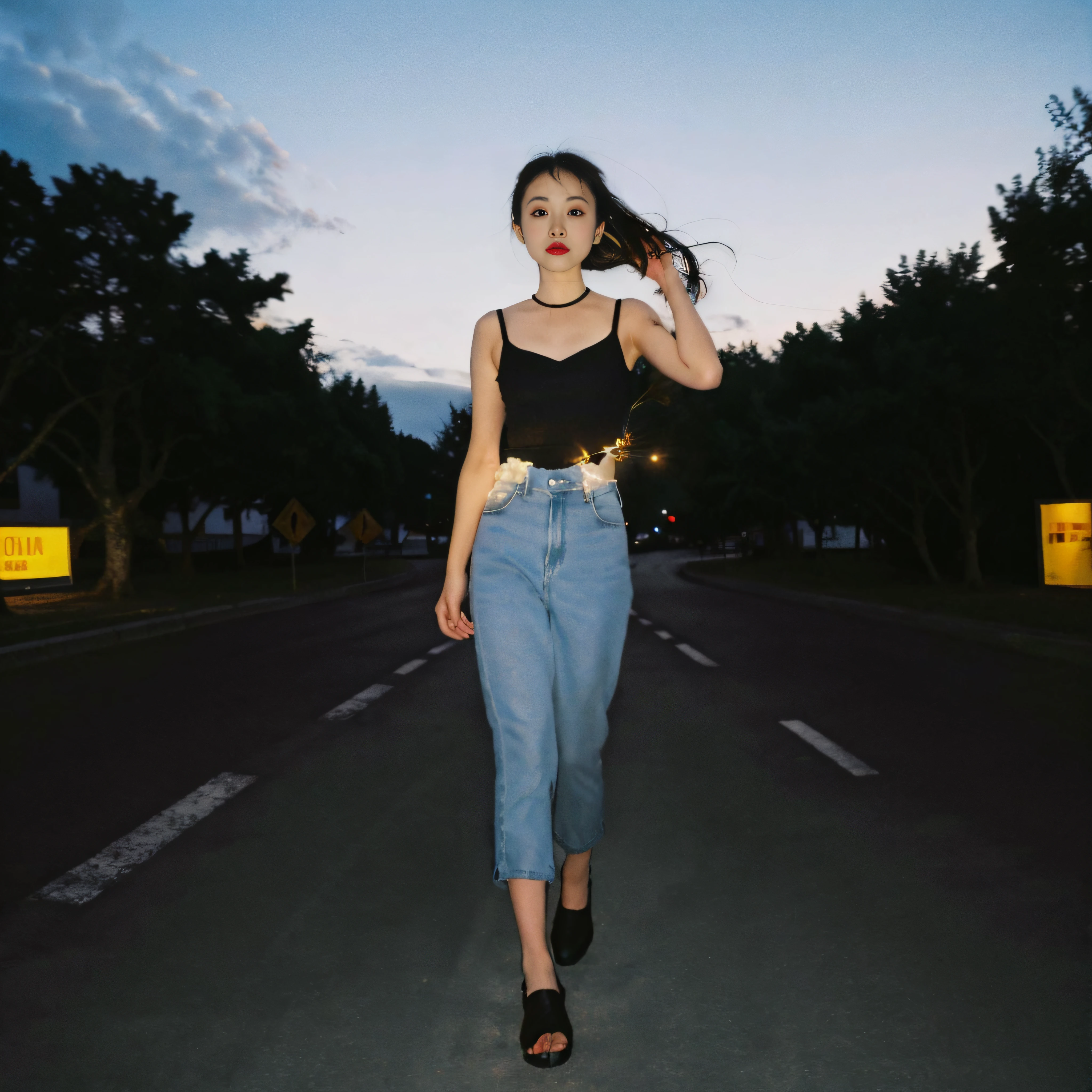 90s flash photo, empty road, Beautiful girl, full body,