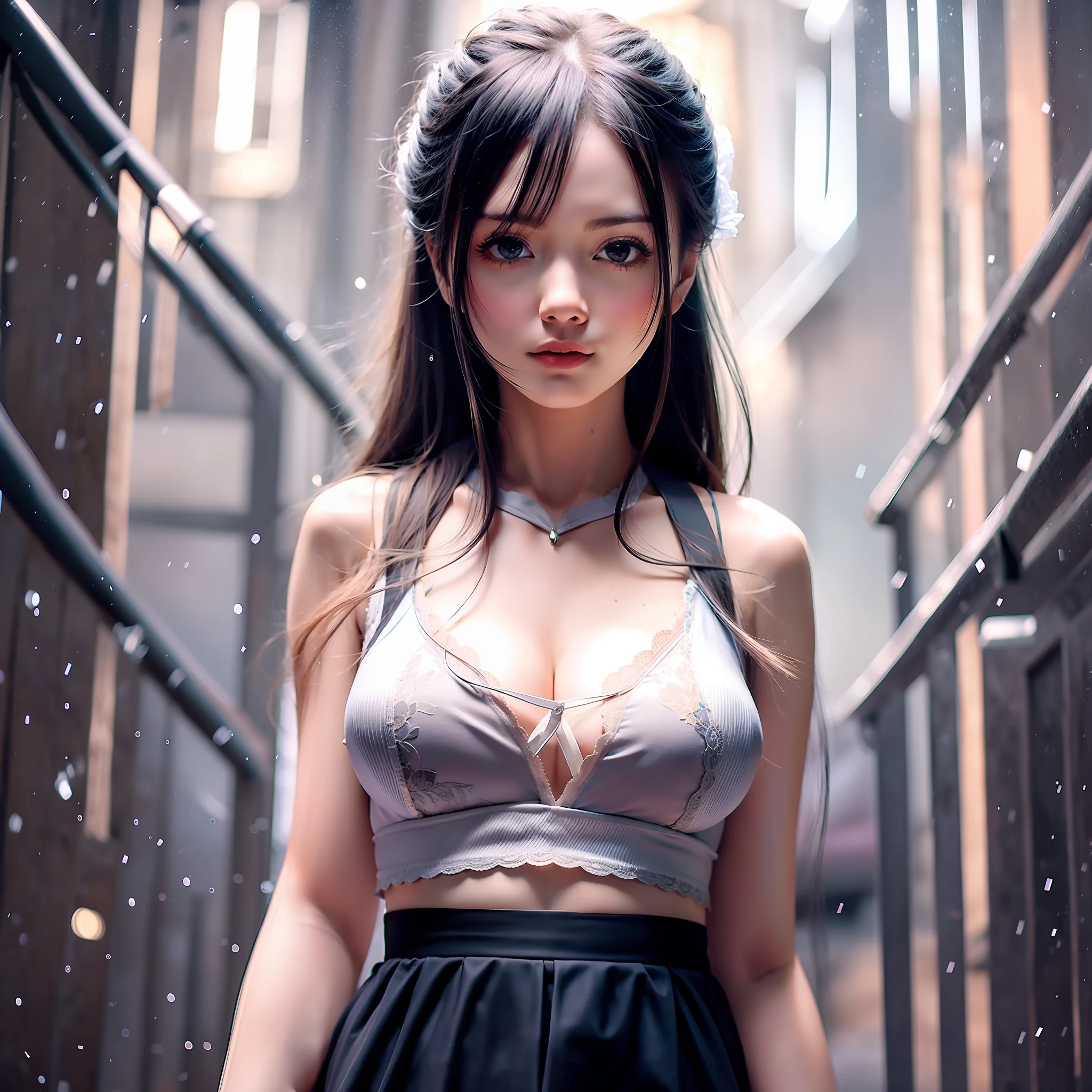 Best Picture Quality, tmasterpiece, 超高分辨率, (fidelity:1.4), photore, A pure girl in Hong Kong,laughingly ,Soaky short white shirt,showing waist,short skirt, pitying, cute little, cinematic ligh, tears, tear drop, (torn laundry:1.5), (wetclothes:1.4), exposed bare shoulders, Real rain, Wet hair, Larger bust,No underwear,Bare upper bust