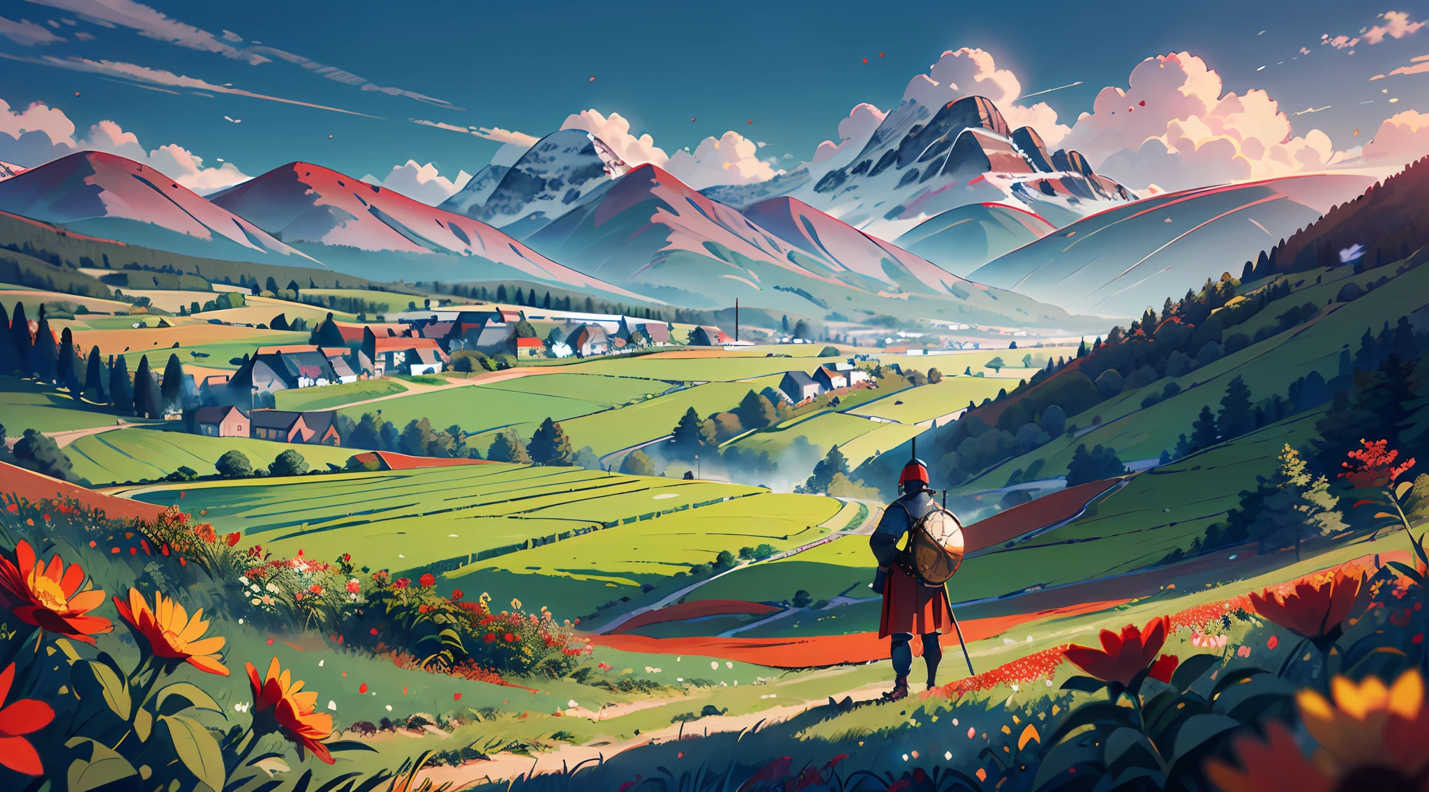 ultra-detailed illustration of a (((medieval soldier in a field of red flowers:1.15)))), observing, (red flowers), extremely detailed, mountains in the distance, (a small village in the distance:1.2), pine trees,