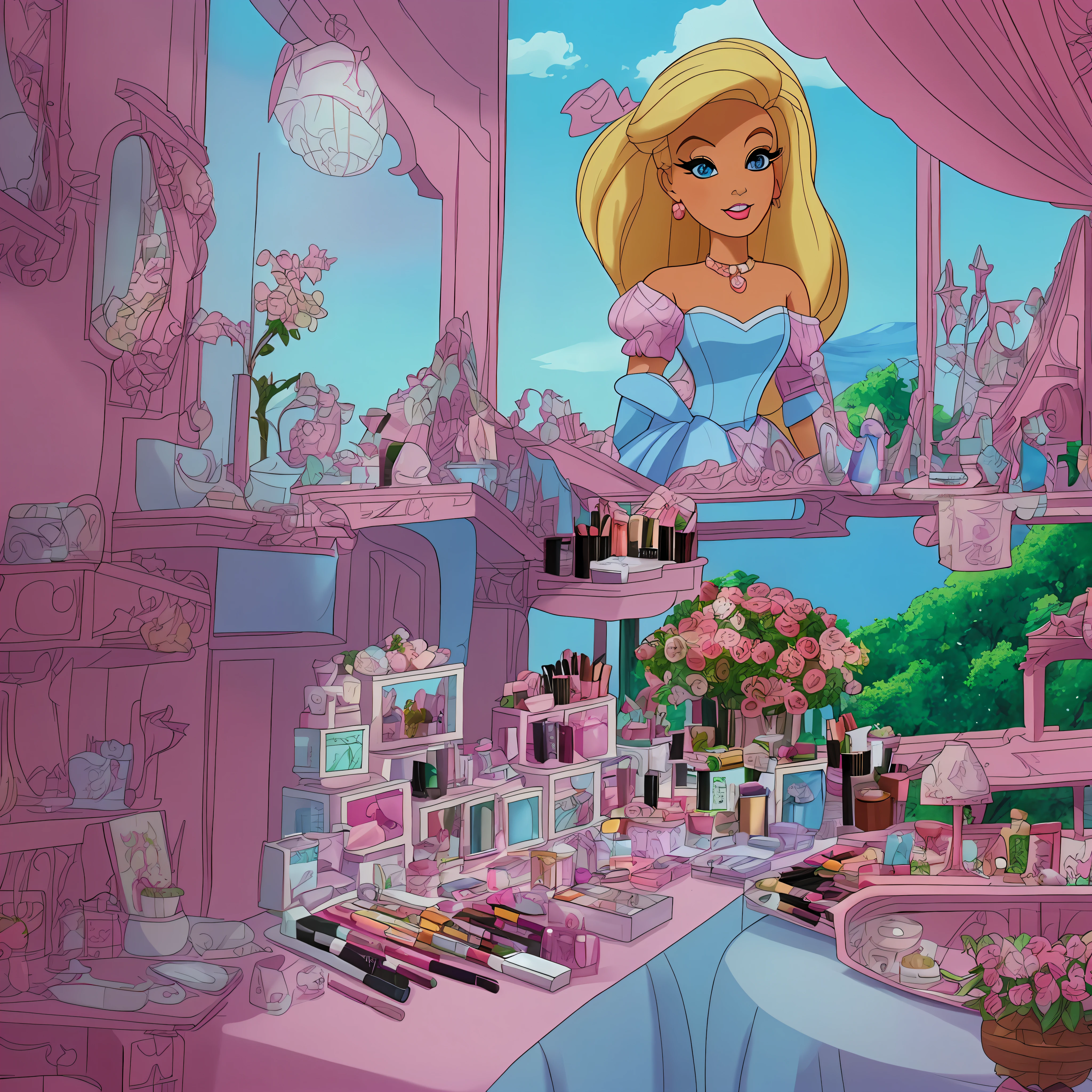 a close up of a room with a lot of makeup and a doll, wallpaper!, very aesthetic!!!!!!, barbie, aesthetic!!!!!!, fantasy aesthetic!, beauty girl, aesthetic!!!!, by disney, aesthetic!!, aesthetic!!!!!, aesthetic!, disney's princess, disney art style, disney artstyle, fantasy!!!, aesthetic!!!!!!!!, blonde - haired princess, beautifull