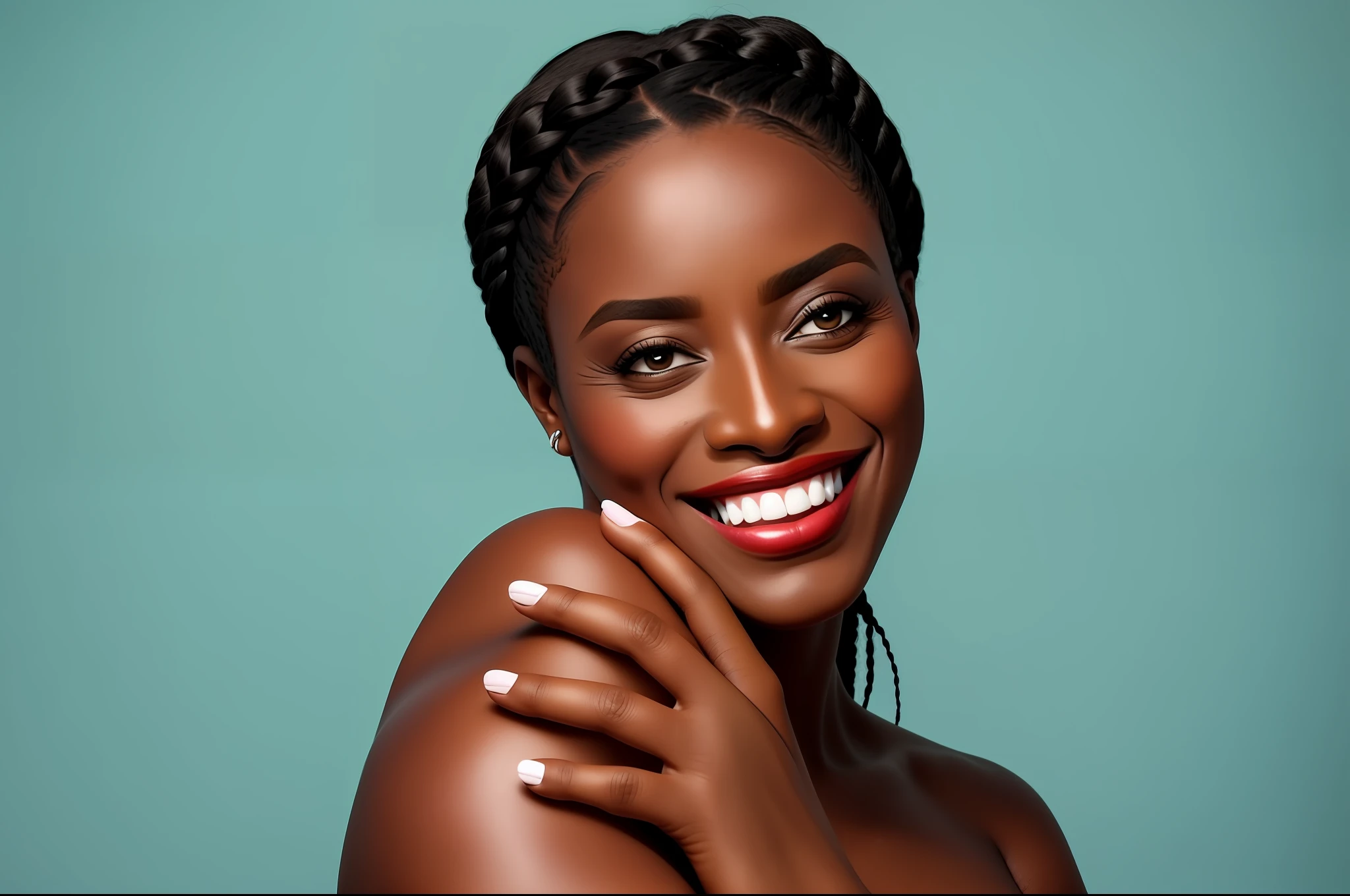 Smiling woman with braids on her head and a white background, pele bonita, pele natural bonita, pele castanha escura, tom de pele preto escuro, pele oleosa, pele negra escura, ebony skin, tom de pele escuro, pele escura, jovem mulher negra, Brown skin, mulher com pele de porcelana, photoshoot para marca de cuidados com a pele, brilho natural escuro, com pele parda, mulher jovem negra