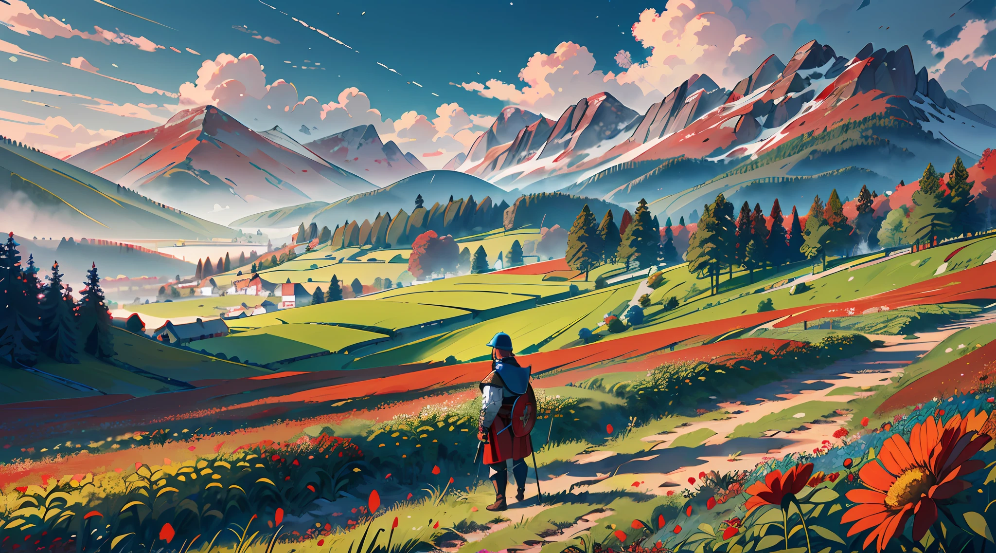 ultra-detailed illustration of a (((medieval soldier in a field of red flowers:1.15)))), observing, (red flowers), extremely detailed, mountains in the distance, (a small village in the distance:1.2), pine trees,