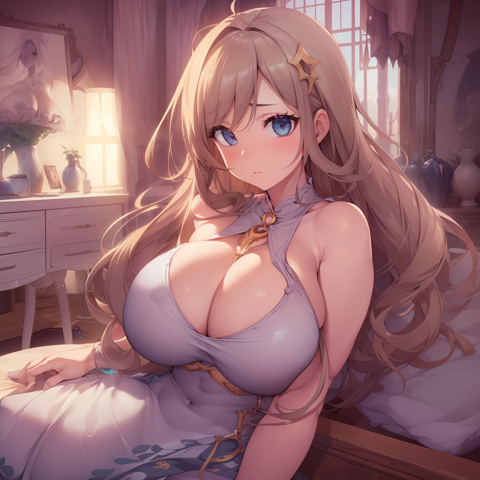 (SFW:1.5), ((breast expansion)), (oversized breasts, huge boobs, enormous breasts, giant boobs, exaggerated body proportions, unnatural body proportions, fantasy body proportions, breast expansion, oversized chest proportions:1.5), award winning digital artwork masterpiece of surprised blushing oppai anime woman with ultra detailed face wearing tank top with detailed eyes with huge boobs, bedroom in background, unity 8k wallpaper, ultra detailed, beautiful and aesthetic, perfect lighting, 16k, 8k, uhd, soft lighting, cinematic, key visual, high definition, best quality, masterpiece, immersive, digital artwork, solo, perfect detailed face, detailed eyes, highly detailed,